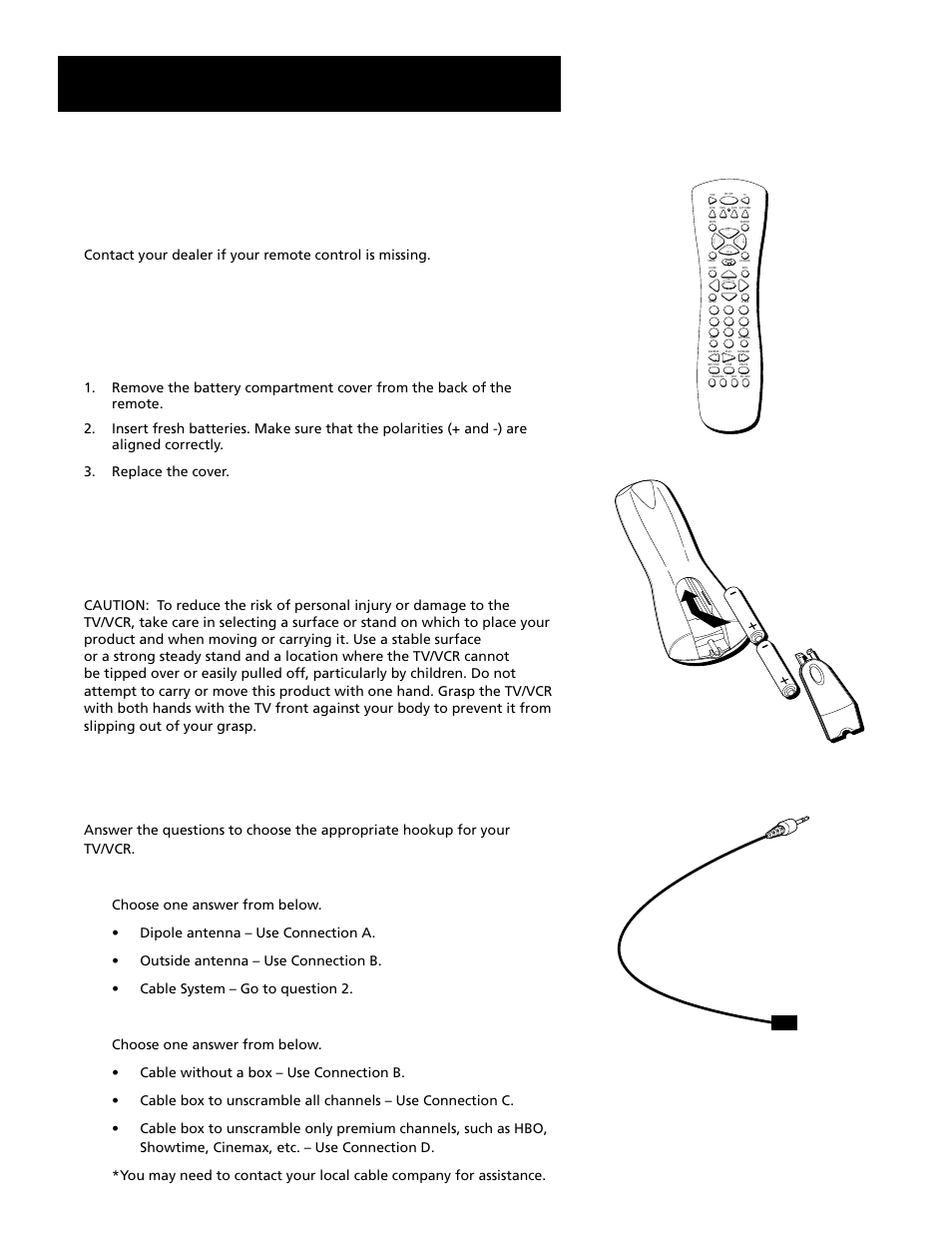 Setup and connections, Step 1: unpack the tv/vcr and remote control, Step 2: insert batteries in the remote | Step 3: place your tv/vcr on a stable surface, Step 4: choose a hookup | RCA T19067 User Manual | Page 6 / 64