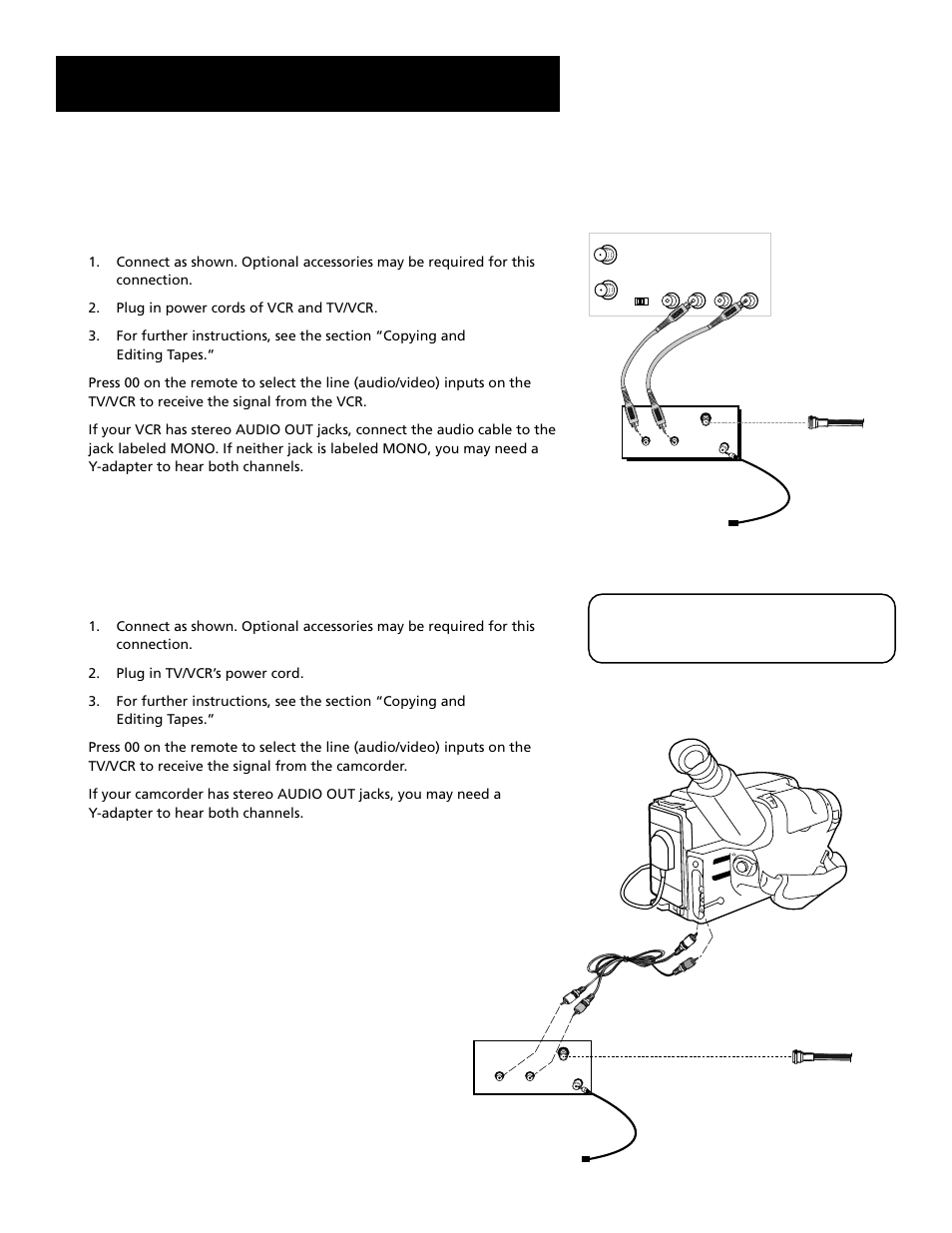 Setup and connections, Connection e: attaching to a vcr for copying tapes | RCA T19067 User Manual | Page 9 / 64