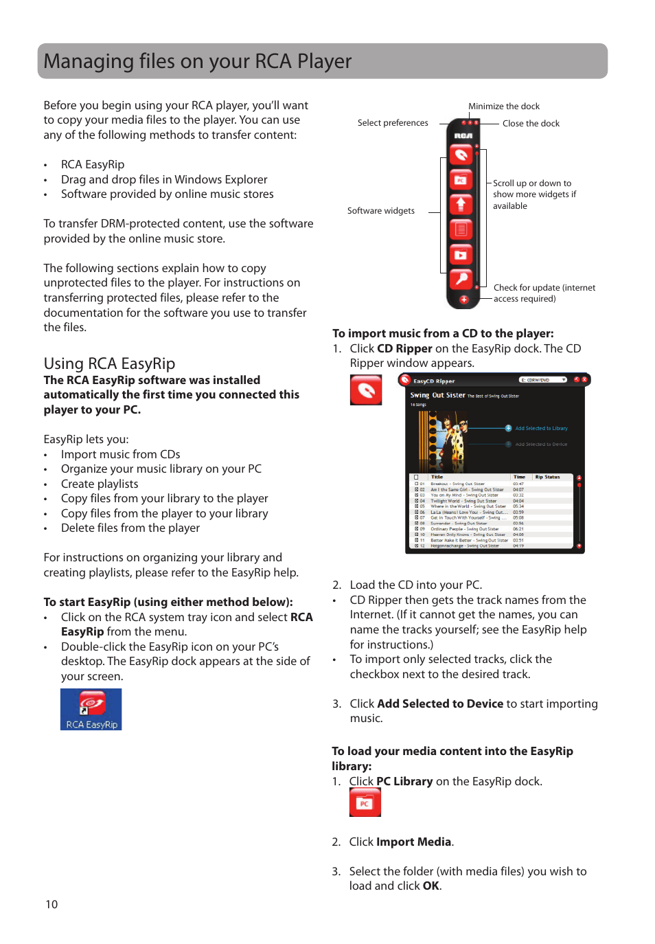 Managing files on your rca player, Using rca easyrip | RCA S2204 User Manual | Page 10 / 33