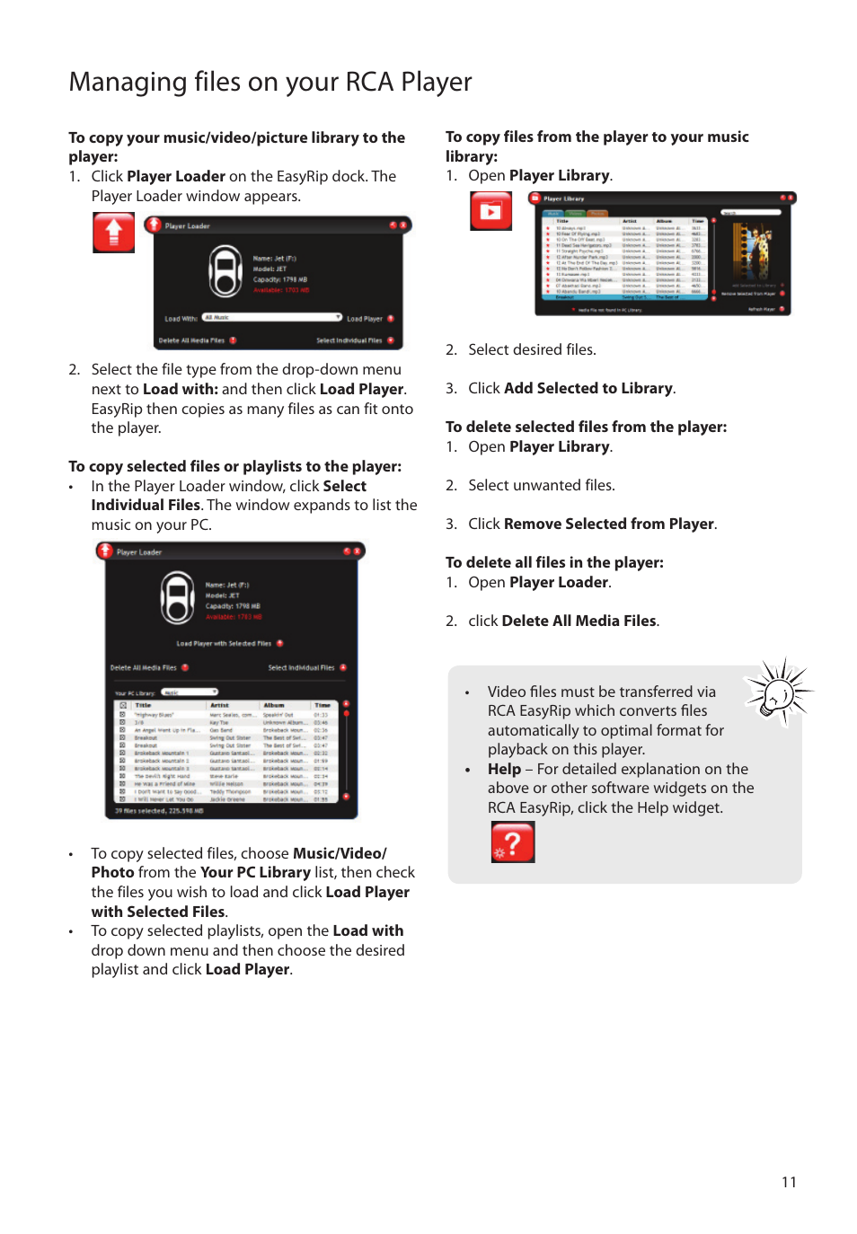 Managing files on your rca player | RCA S2204 User Manual | Page 11 / 33