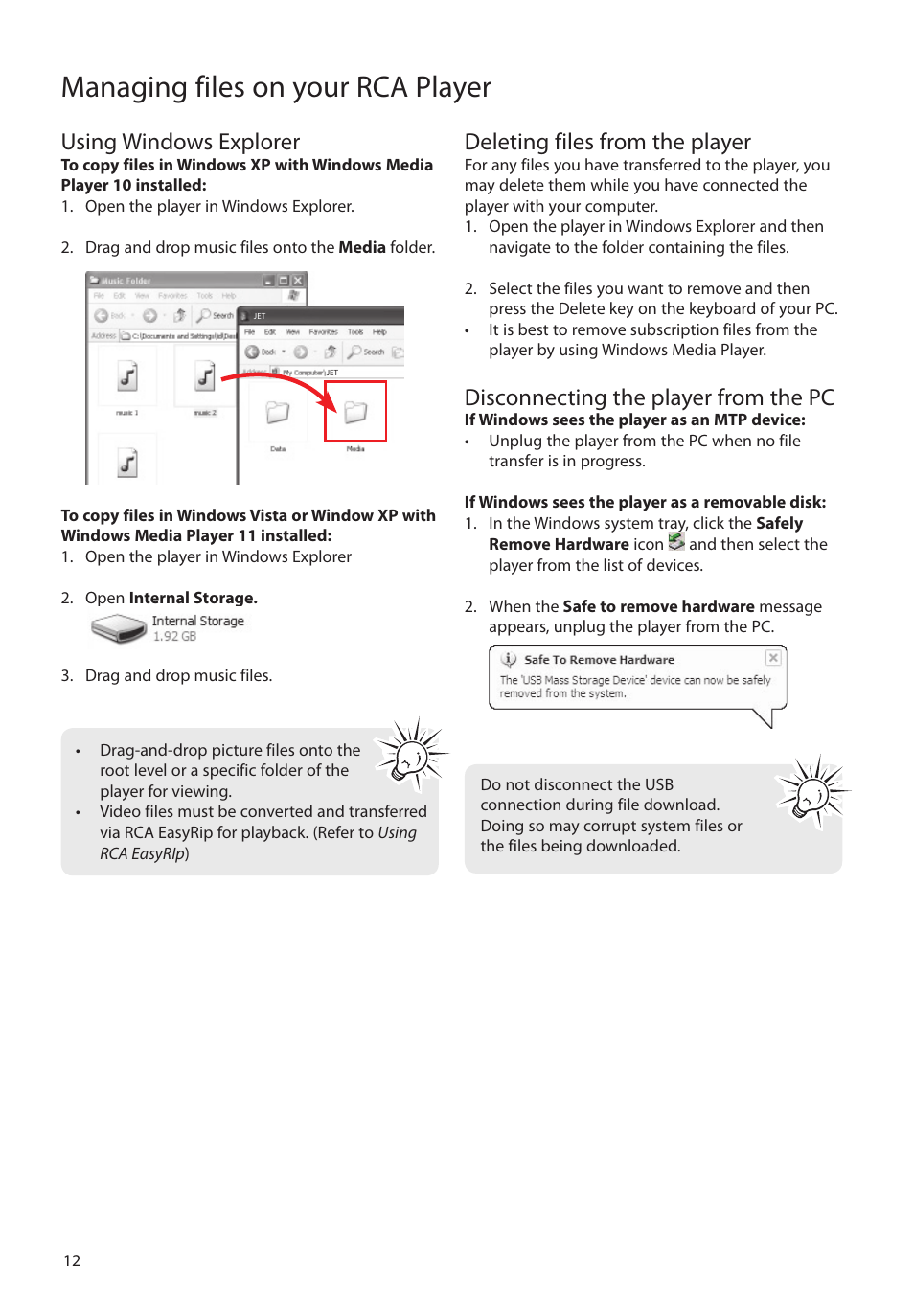 Using windows explorer, Deleting files from the player, Disconnecting the player from the pc | Managing files on your rca player | RCA S2204 User Manual | Page 12 / 33