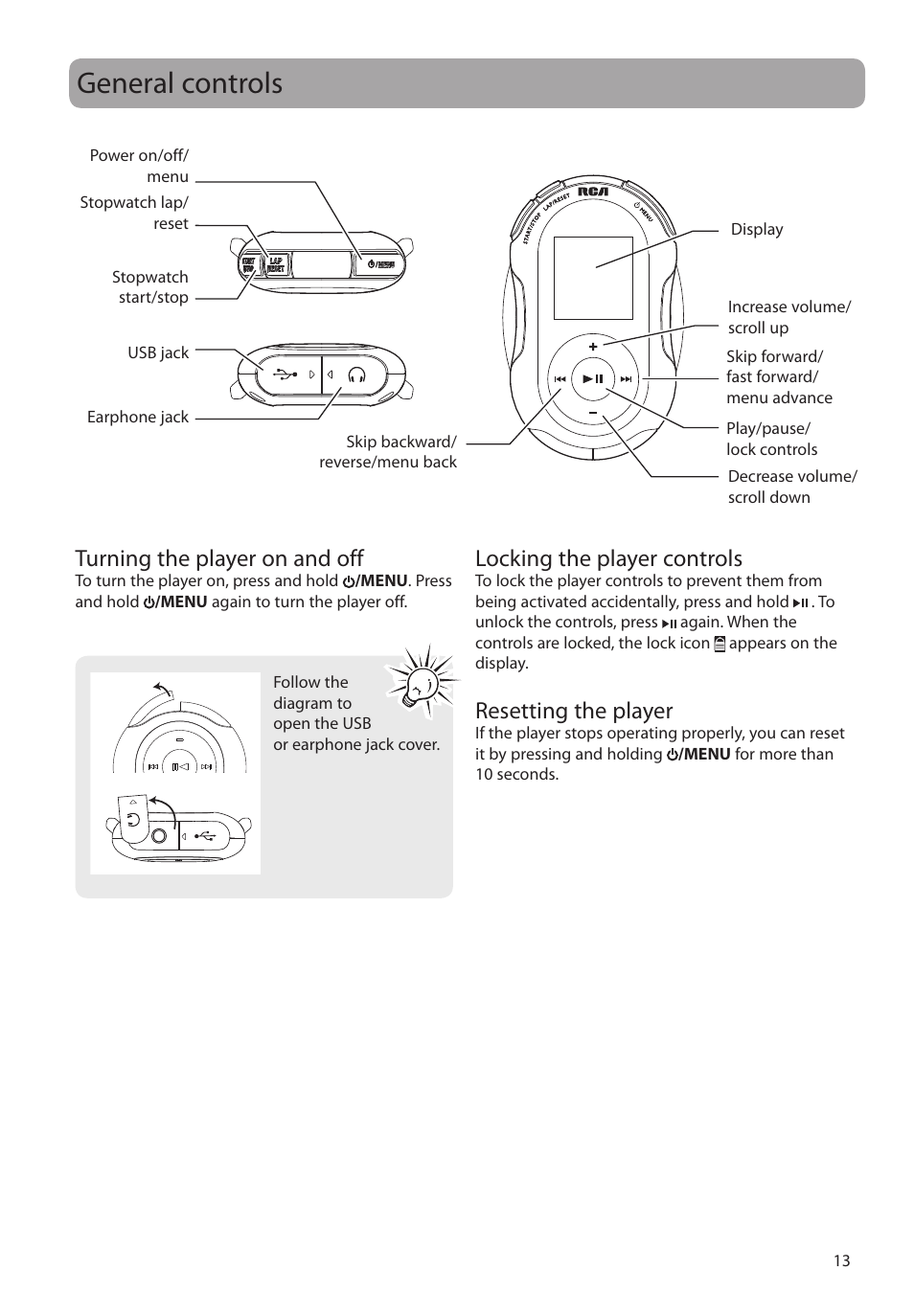 General controls, Turning the player on and off, Locking the player controls | Resetting the player | RCA S2204 User Manual | Page 13 / 33