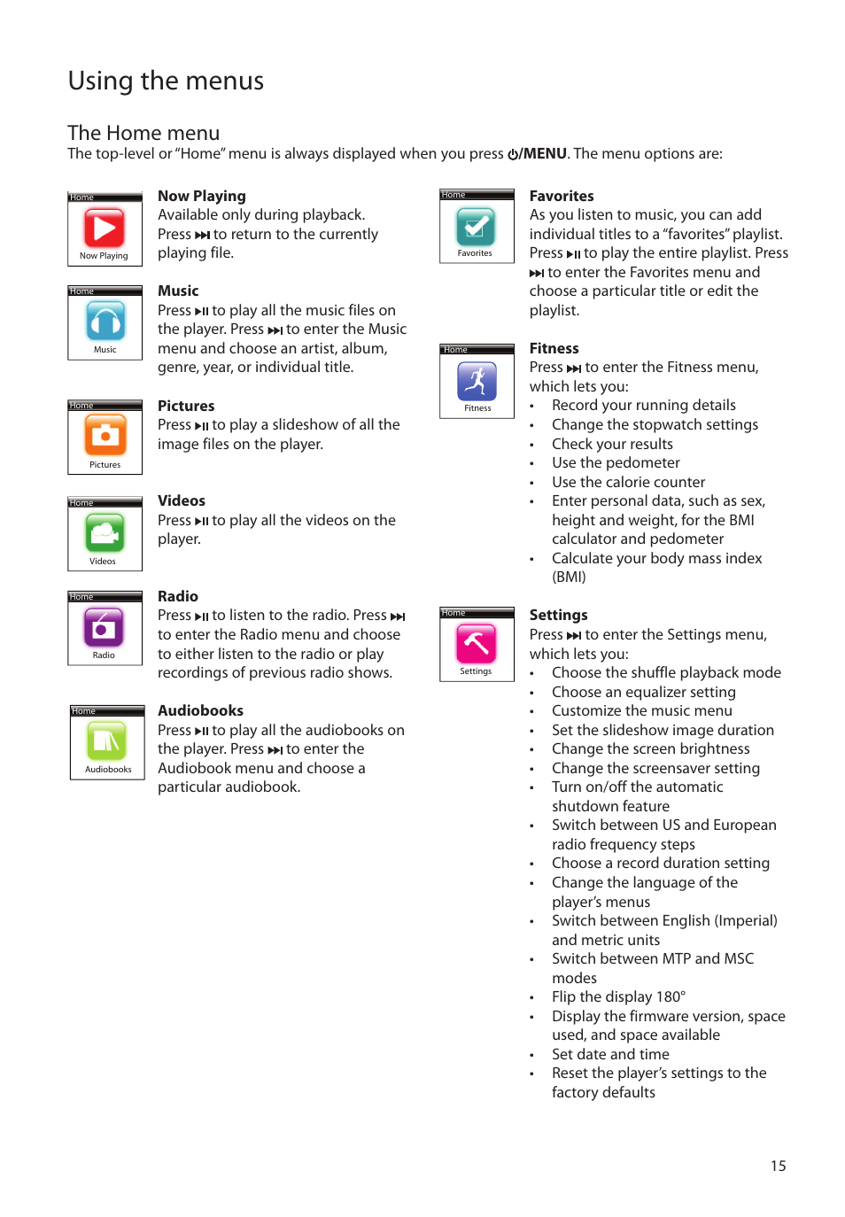 The home menu, Using the menus | RCA S2204 User Manual | Page 15 / 33