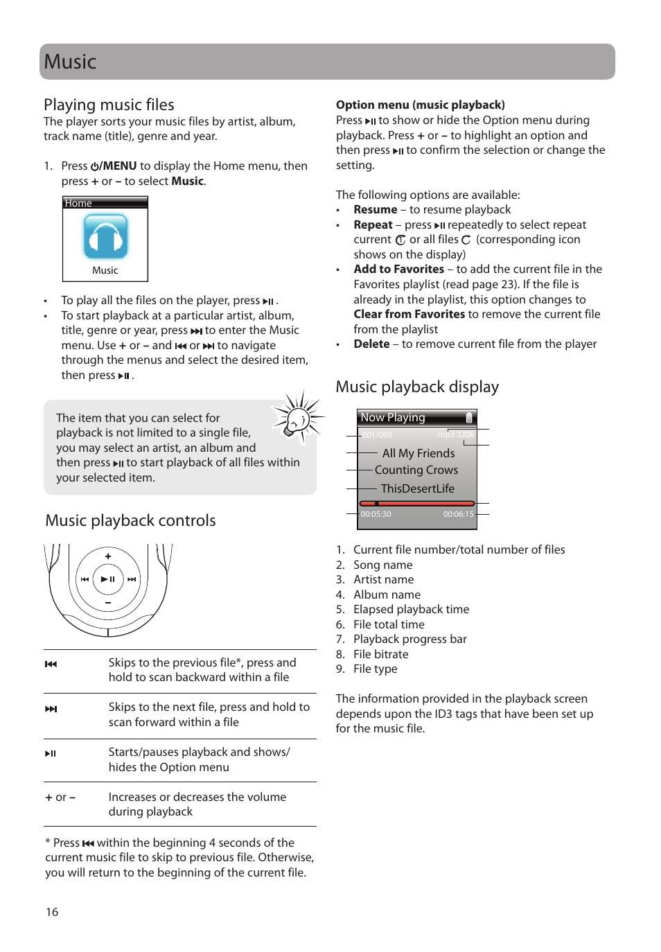 Music, Playing music files, Music playback controls | Music playback display | RCA S2204 User Manual | Page 16 / 33
