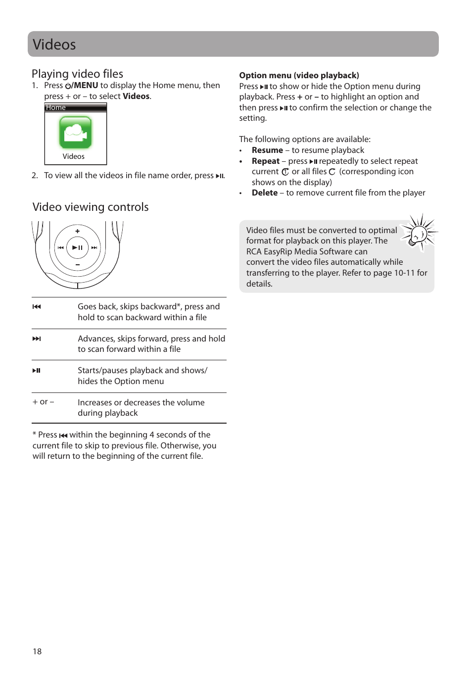 Videos, Video viewing controls, Playing video files | RCA S2204 User Manual | Page 18 / 33