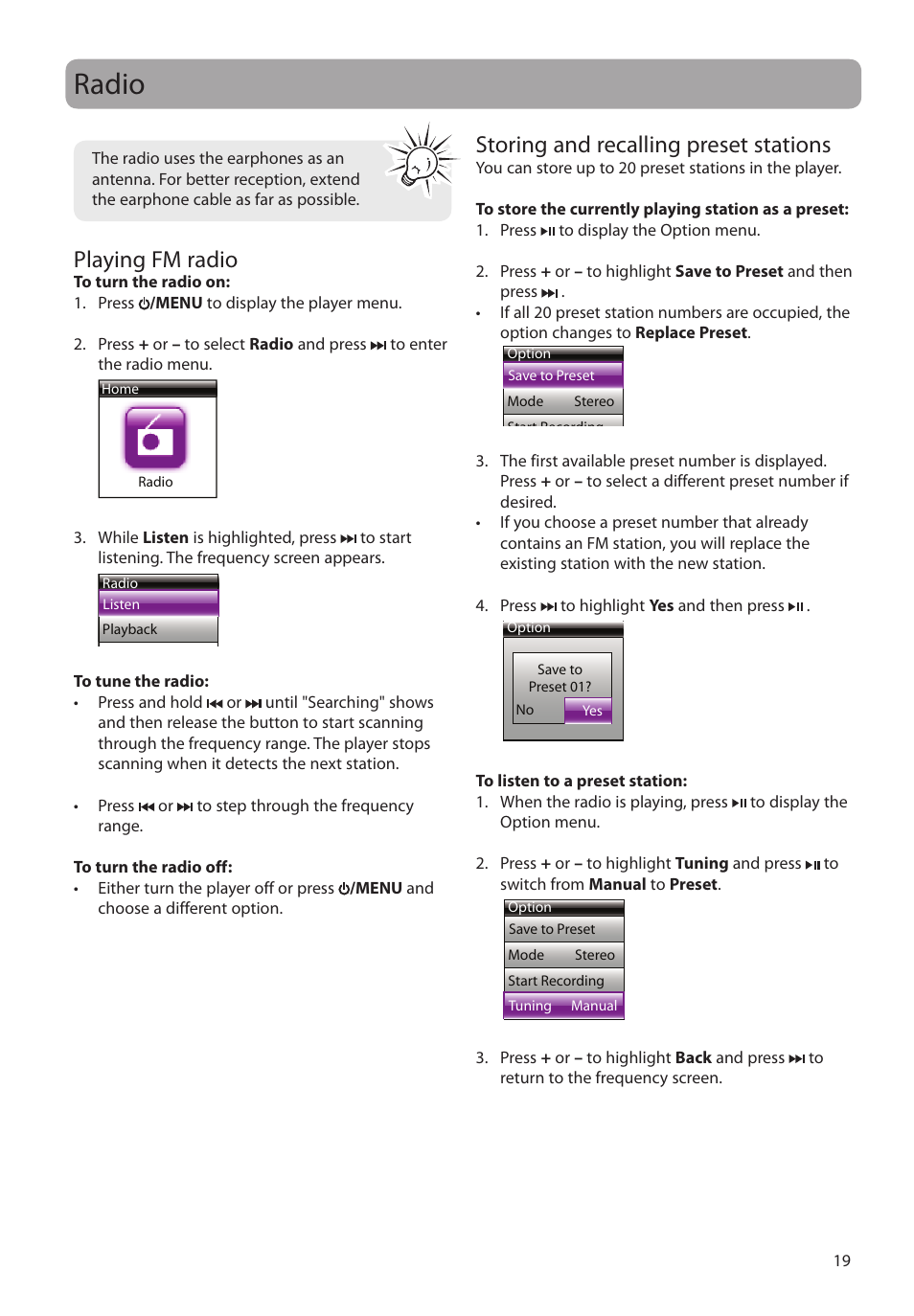 Radio, Playing fm radio, Storing and recalling preset stations | RCA S2204 User Manual | Page 19 / 33