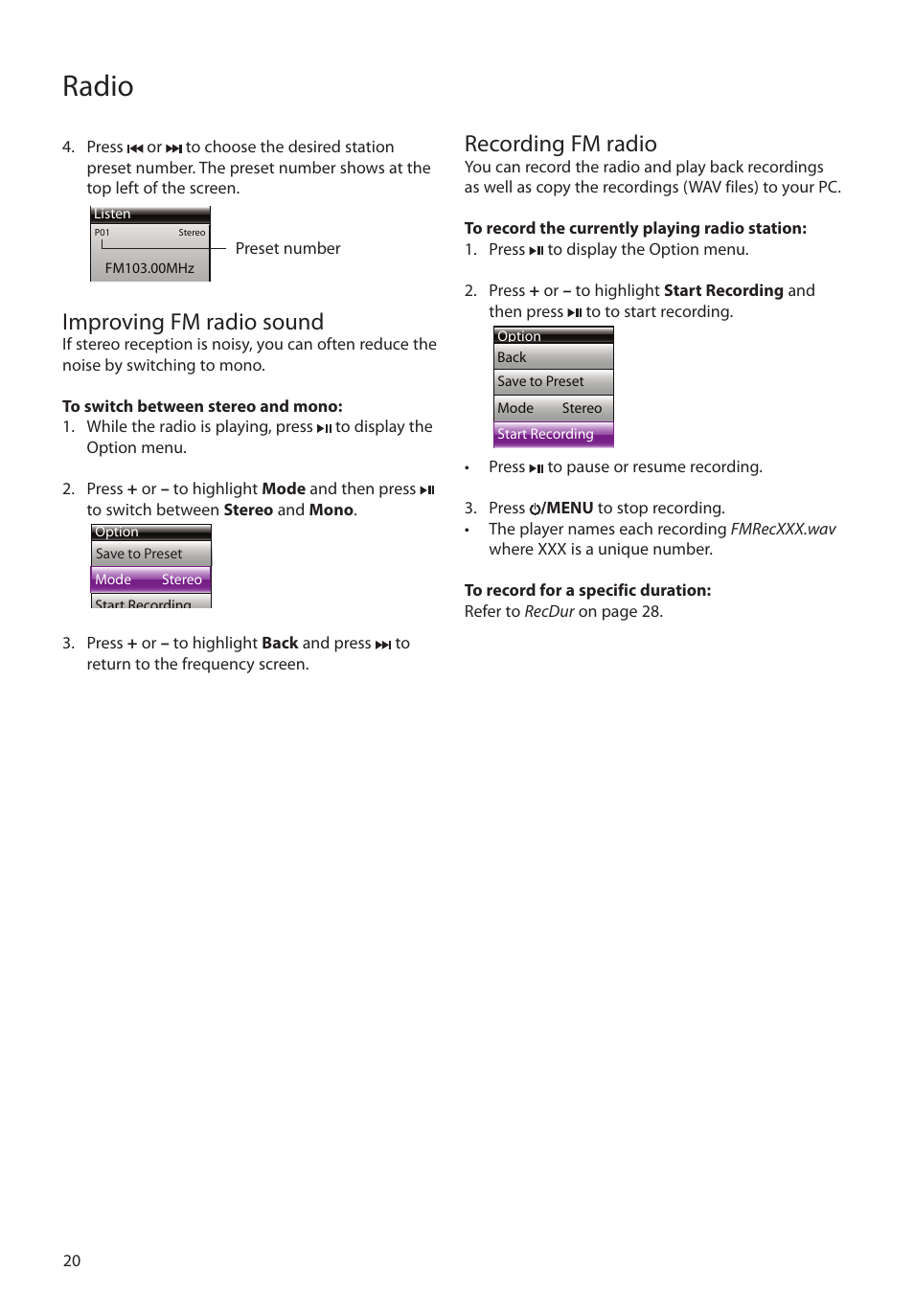 Improving fm radio sound, Recording fm radio, Radio | RCA S2204 User Manual | Page 20 / 33