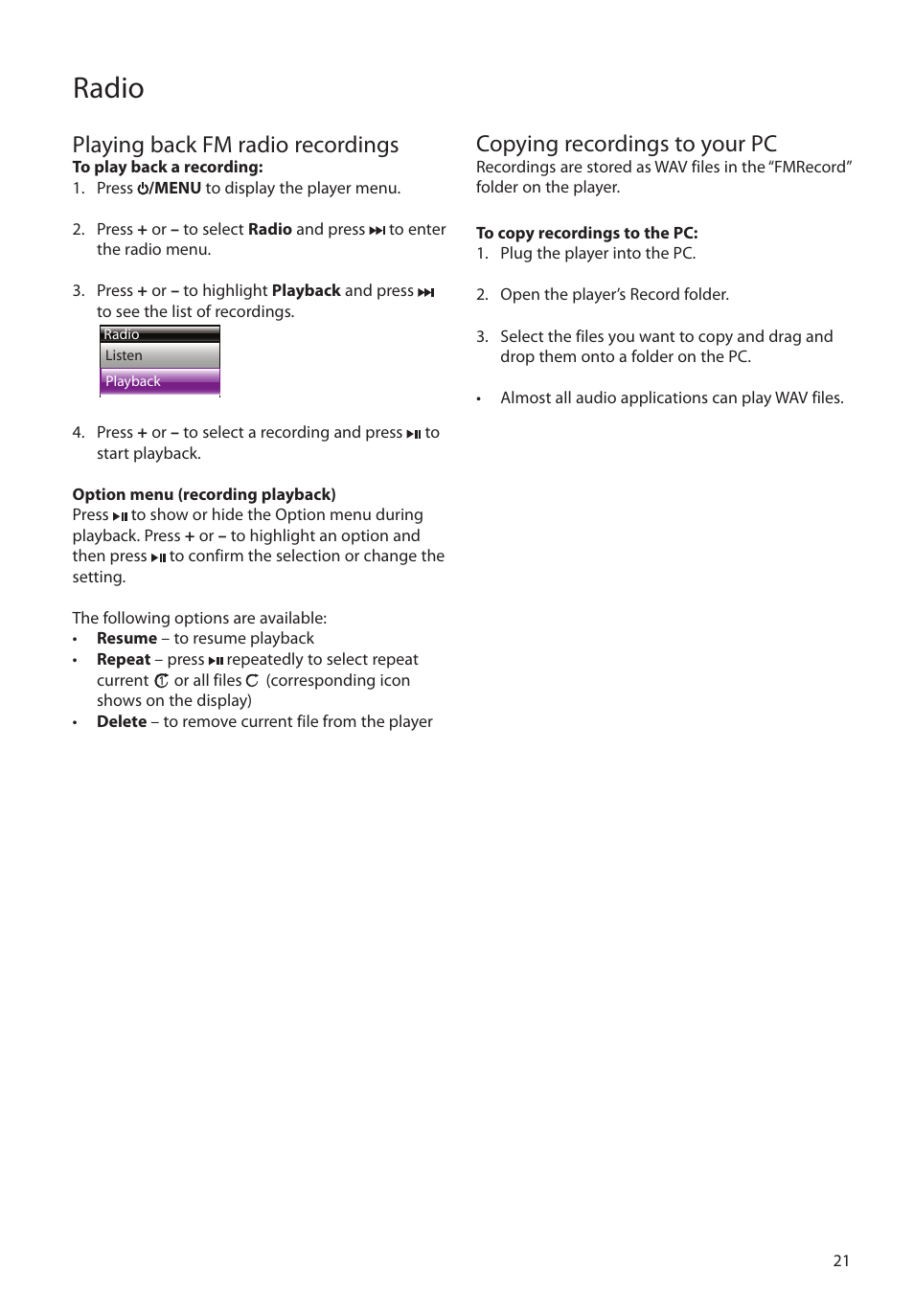 Playing back fm radio recordings, Copying recordings to your pc, Radio | RCA S2204 User Manual | Page 21 / 33