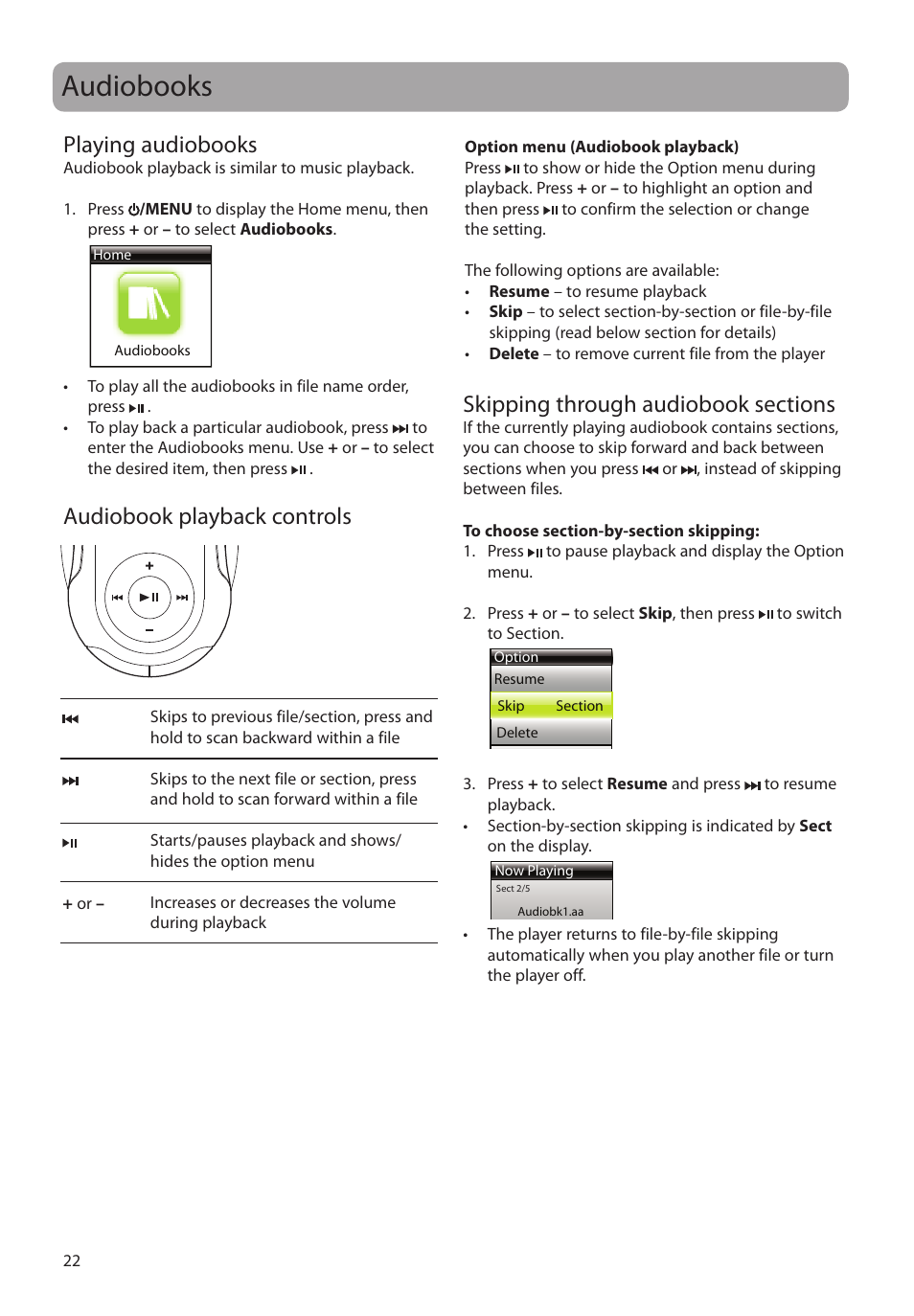 Audiobooks, Playing audiobooks, Audiobook playback controls | Skipping through audiobook sections | RCA S2204 User Manual | Page 22 / 33
