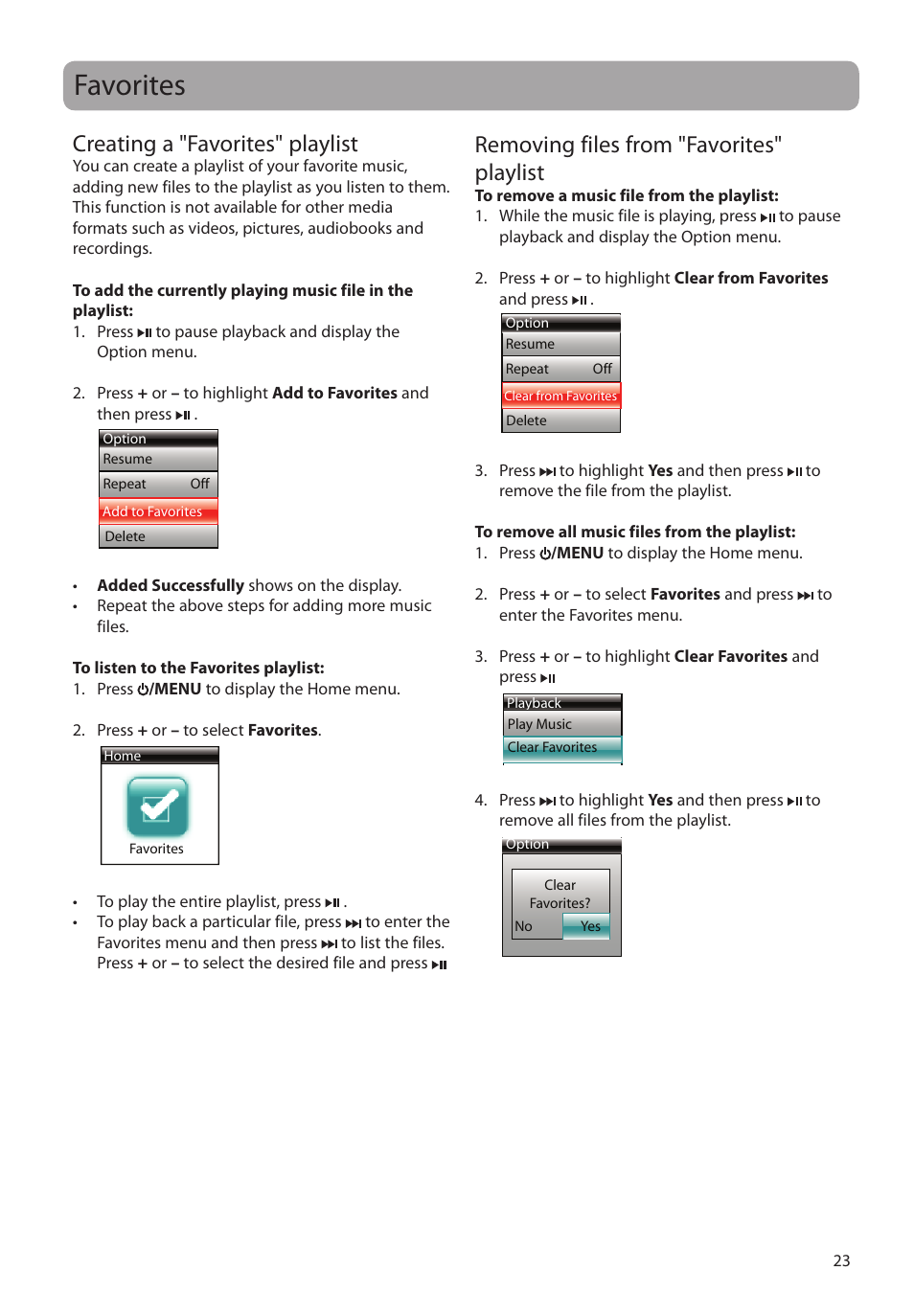 Favorites, Creating a "favorites" playlist, Removing files from "favorites" playlist | RCA S2204 User Manual | Page 23 / 33