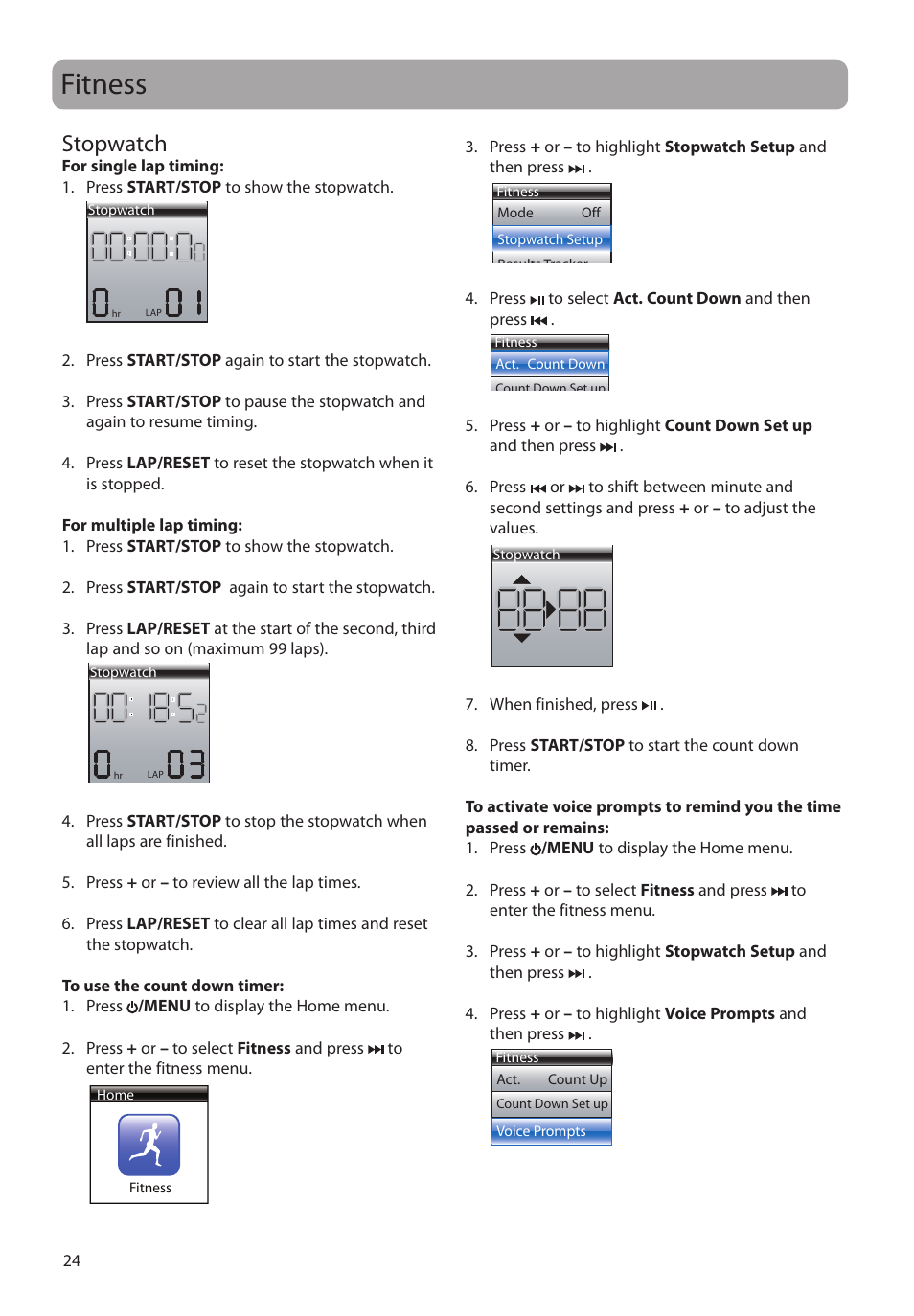 Fitness, Stopwatch | RCA S2204 User Manual | Page 24 / 33