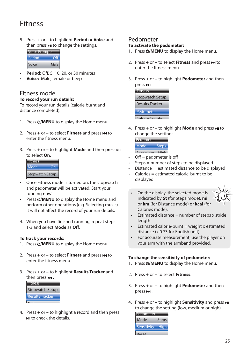Fitness mode, Pedometer, Fitness | RCA S2204 User Manual | Page 25 / 33