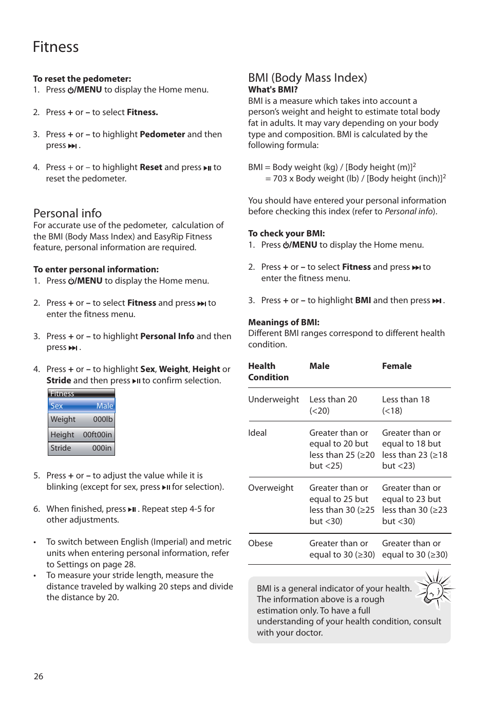 Personal info, Bmi (body mass index), Fitness | RCA S2204 User Manual | Page 26 / 33