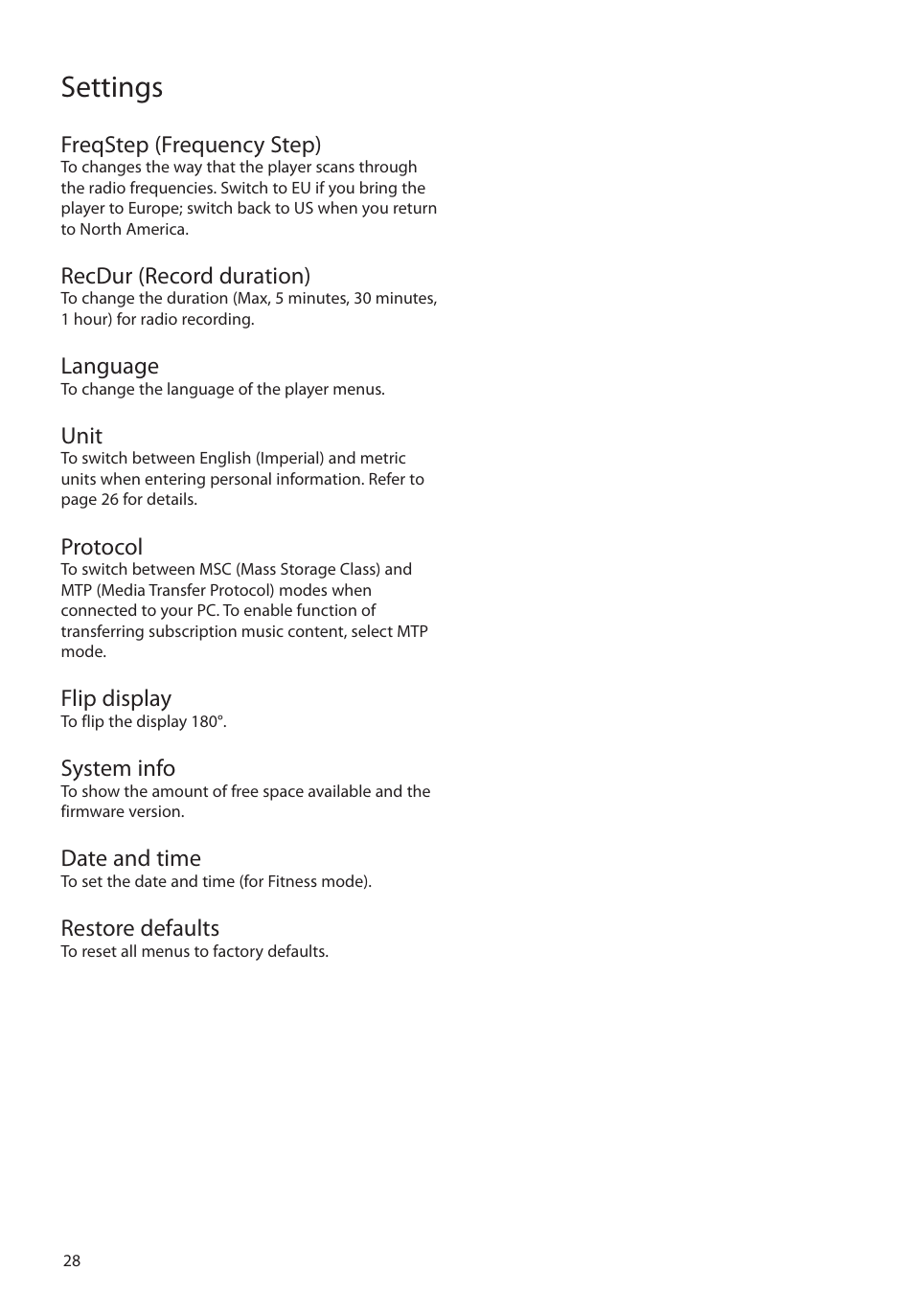 Freqstep (frequency step), Recdur (record duration), Language | Unit, Protocol, Flip display, System info, Date and time, Restore defaults, Settings | RCA S2204 User Manual | Page 28 / 33