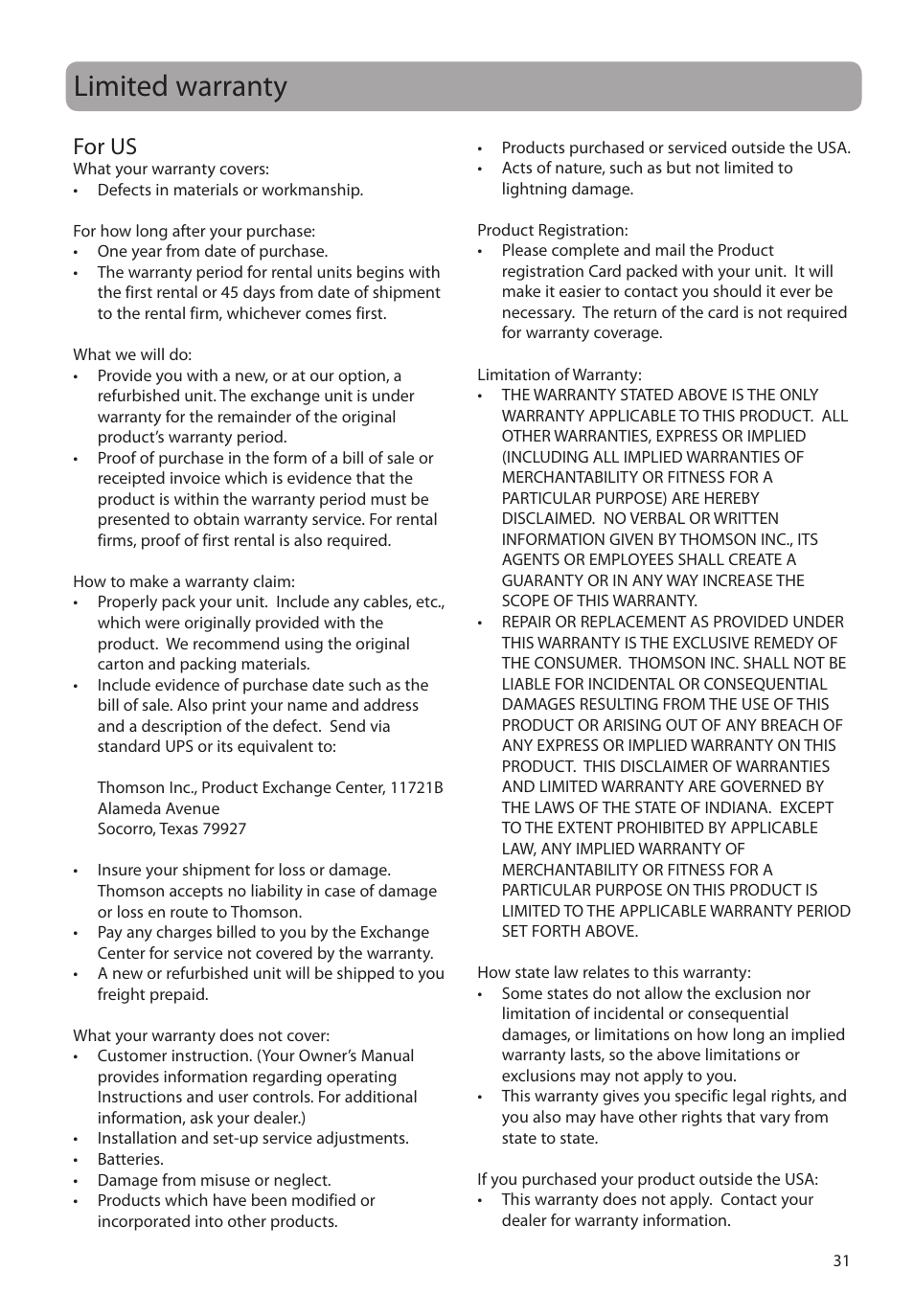 Limited warranty, For us | RCA S2204 User Manual | Page 31 / 33