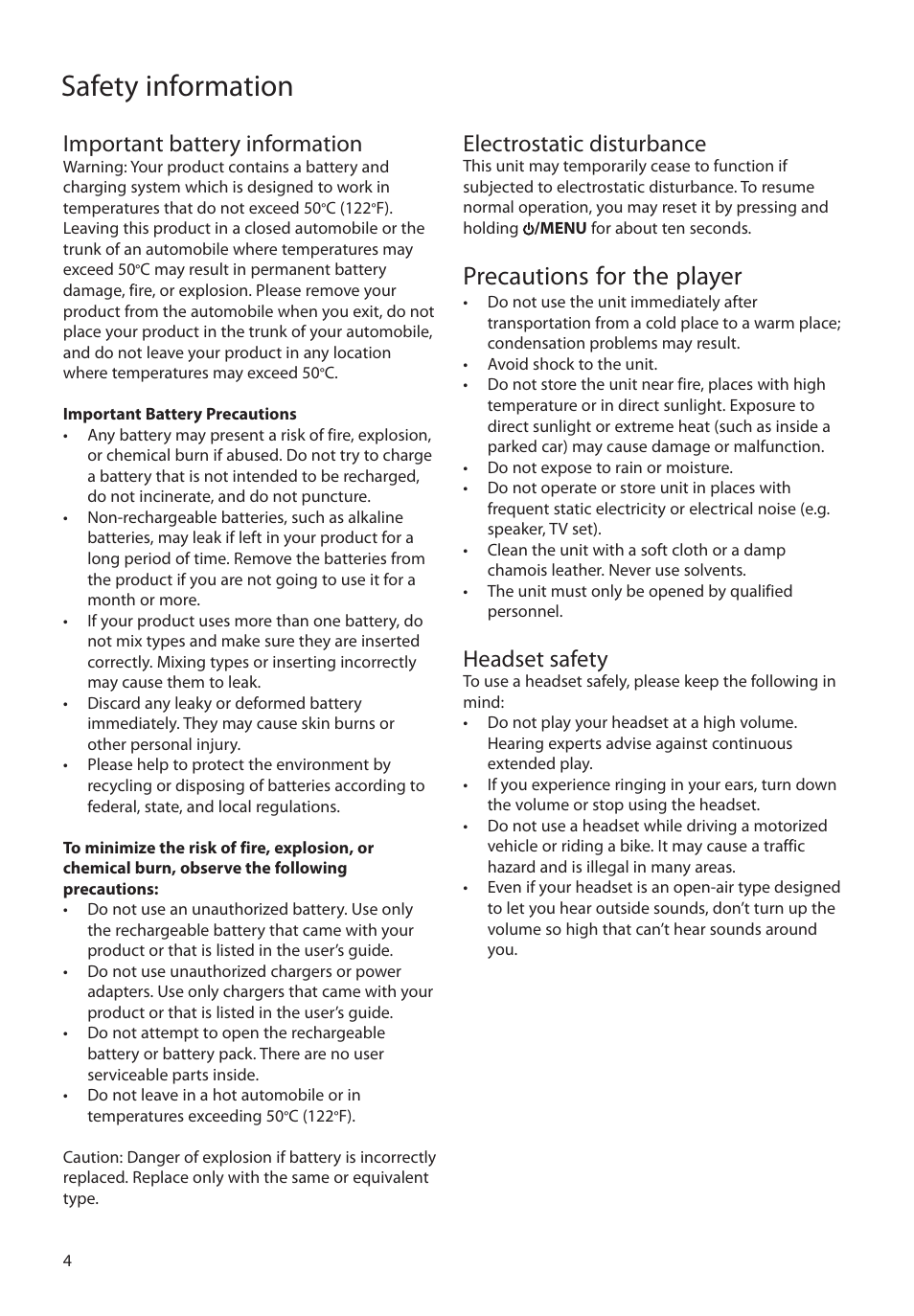 Important battery information, Electrostatic disturbance, Precautions for the player | Headset safety, Safety information | RCA S2204 User Manual | Page 4 / 33