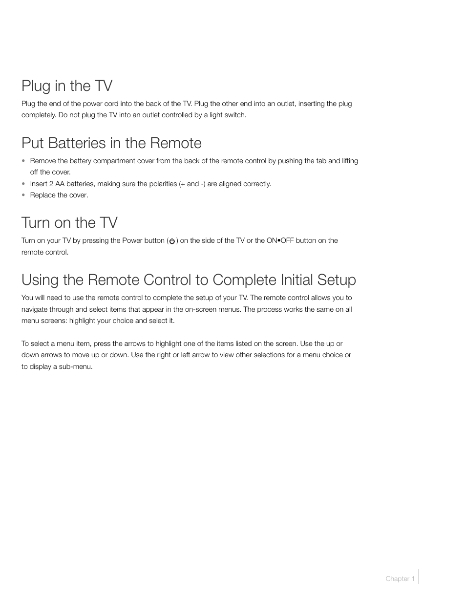 Plug in the tv, Put batteries in the remote, Turn on the tv | Using the remote control to complete initial setup | RCA L46FHD2X48 User Manual | Page 15 / 52