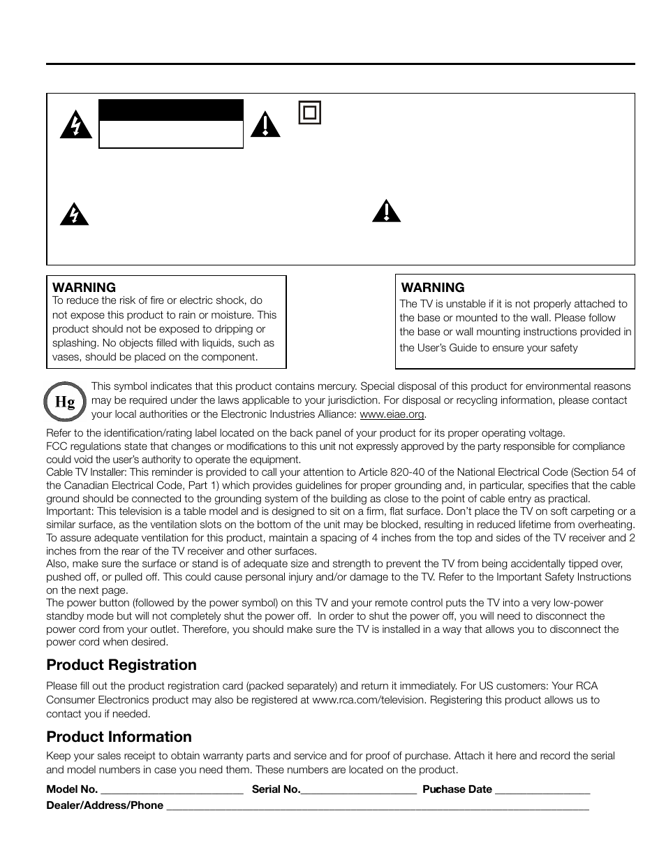 Important information, Product registration, Product information | RCA L46FHD2X48 User Manual | Page 2 / 52