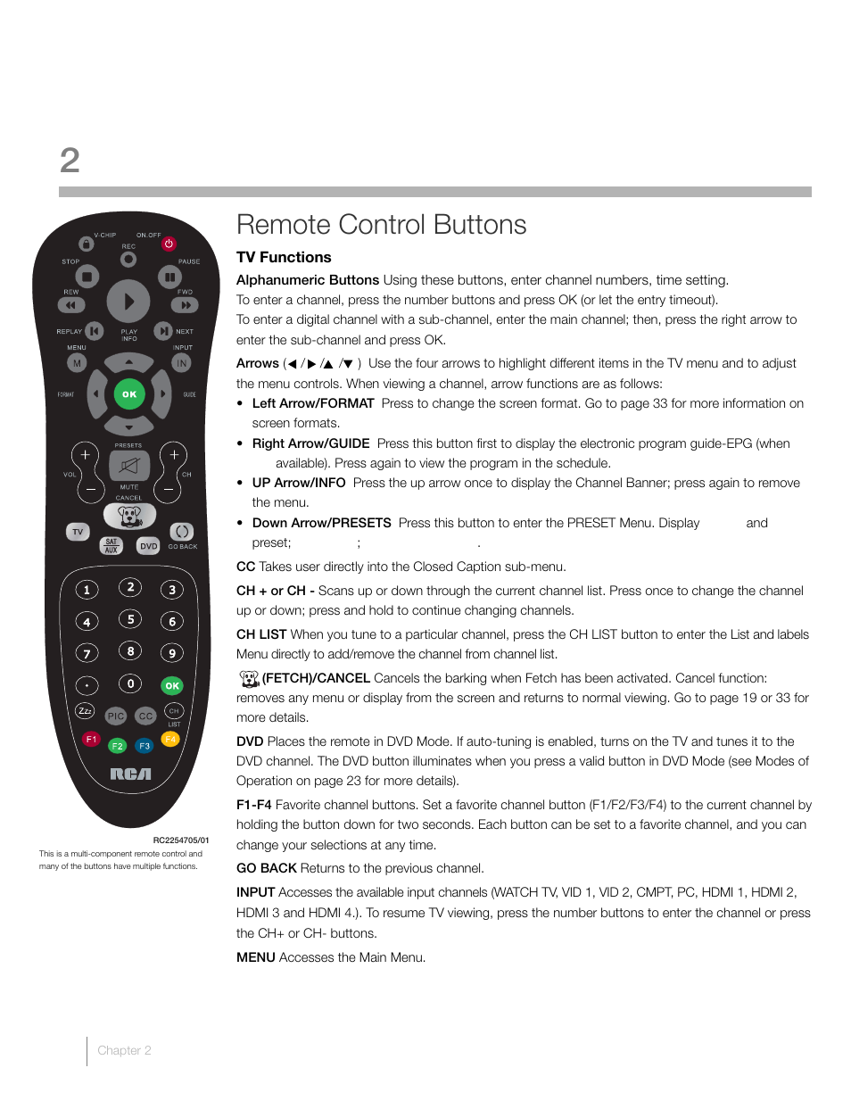 2 using the remote control, Remote control buttons | RCA L46FHD2X48 User Manual | Page 20 / 52