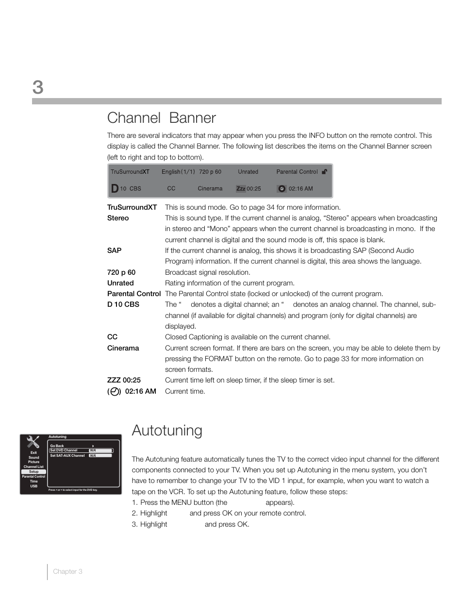 3 using tv features, Channel banner, Autotuning | RCA L46FHD2X48 User Manual | Page 28 / 52
