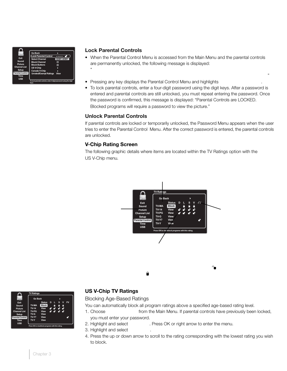 Lock parental controls, Unlock parental controls, V-chip rating screen | Us v-chip tv ratings blocking age-based ratings, Content status fields, Rating status field, Rating field, Content themes | RCA L46FHD2X48 User Manual | Page 30 / 52