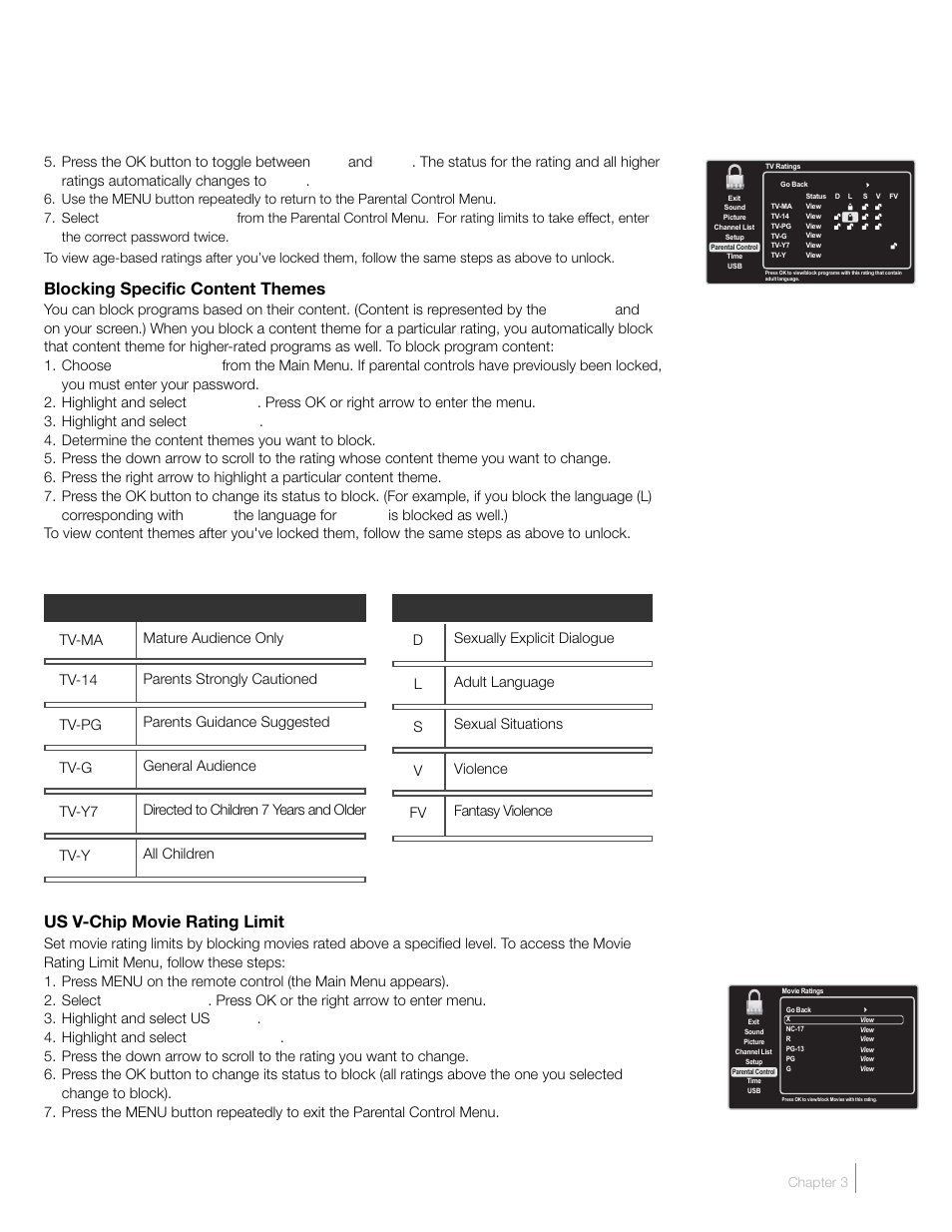 Blocking specific content themes, Us v-chip movie rating limit | RCA L46FHD2X48 User Manual | Page 31 / 52