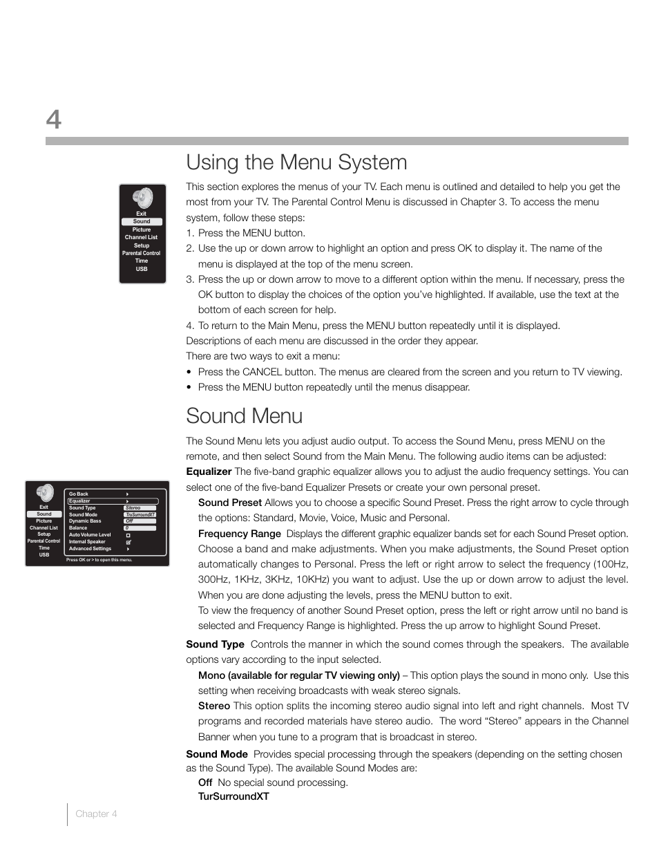 4 using the tv menu, Using the menu system, Sound menu | RCA L46FHD2X48 User Manual | Page 34 / 52