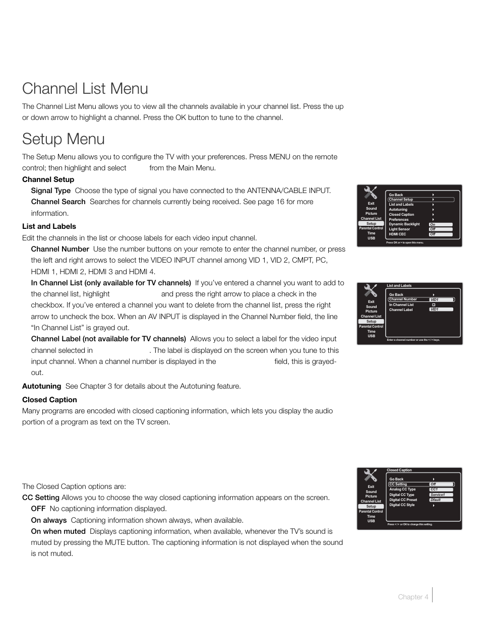 Channel list menu, Setup menu | RCA L46FHD2X48 User Manual | Page 37 / 52