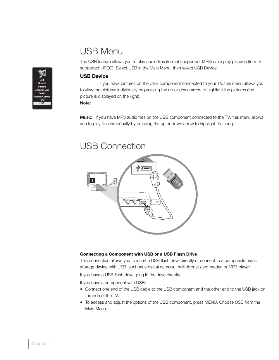 Usb menu, Usb connection | RCA L46FHD2X48 User Manual | Page 40 / 52