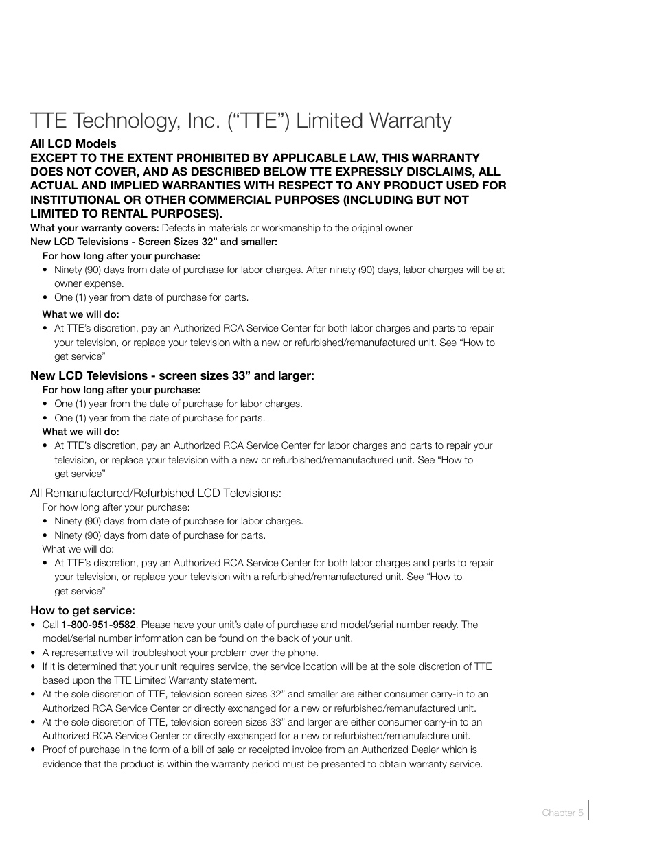 Tte technology, inc. (“tte”) limited warranty | RCA L46FHD2X48 User Manual | Page 47 / 52