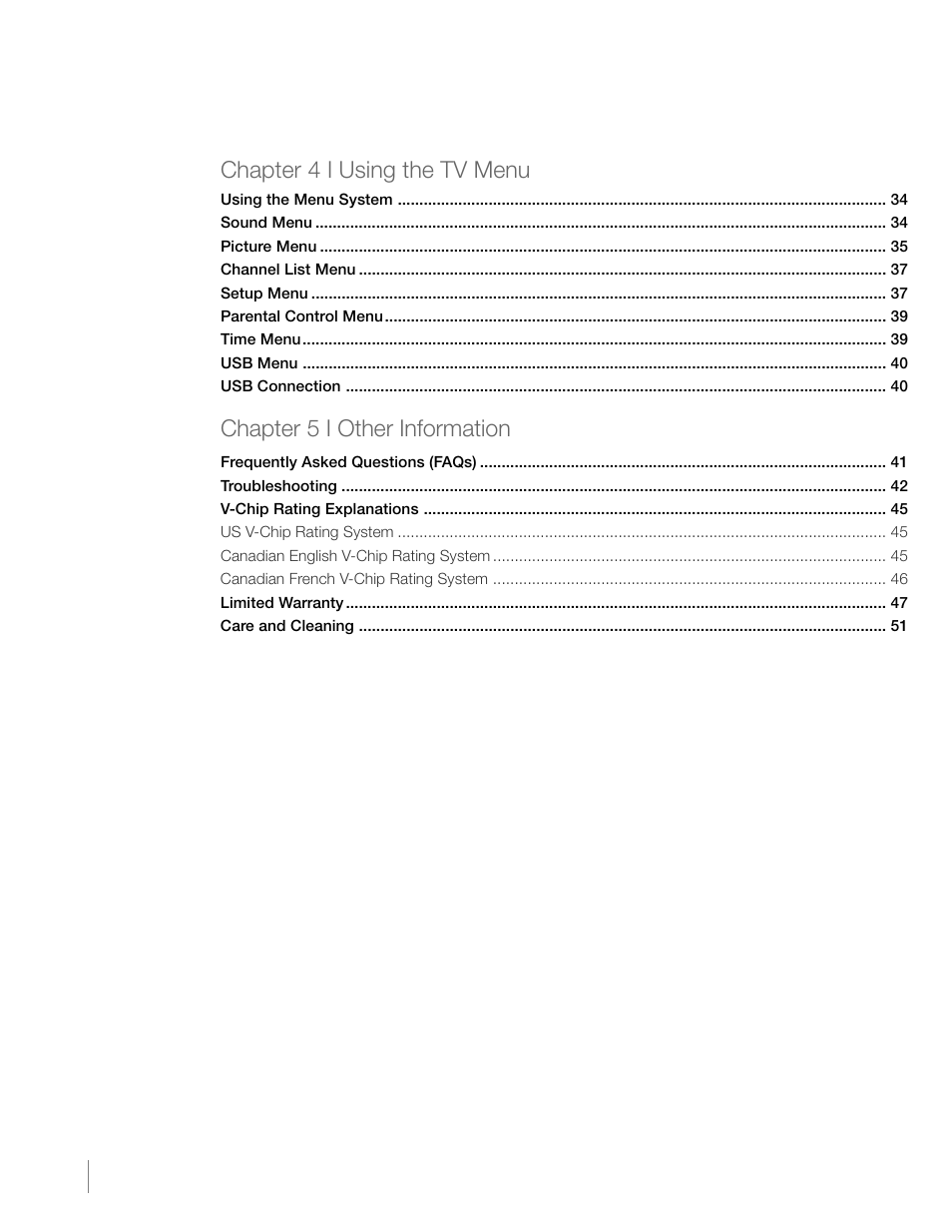 Chapter 4 i using the tv menu, Chapter 5 i other information | RCA L46FHD2X48 User Manual | Page 6 / 52