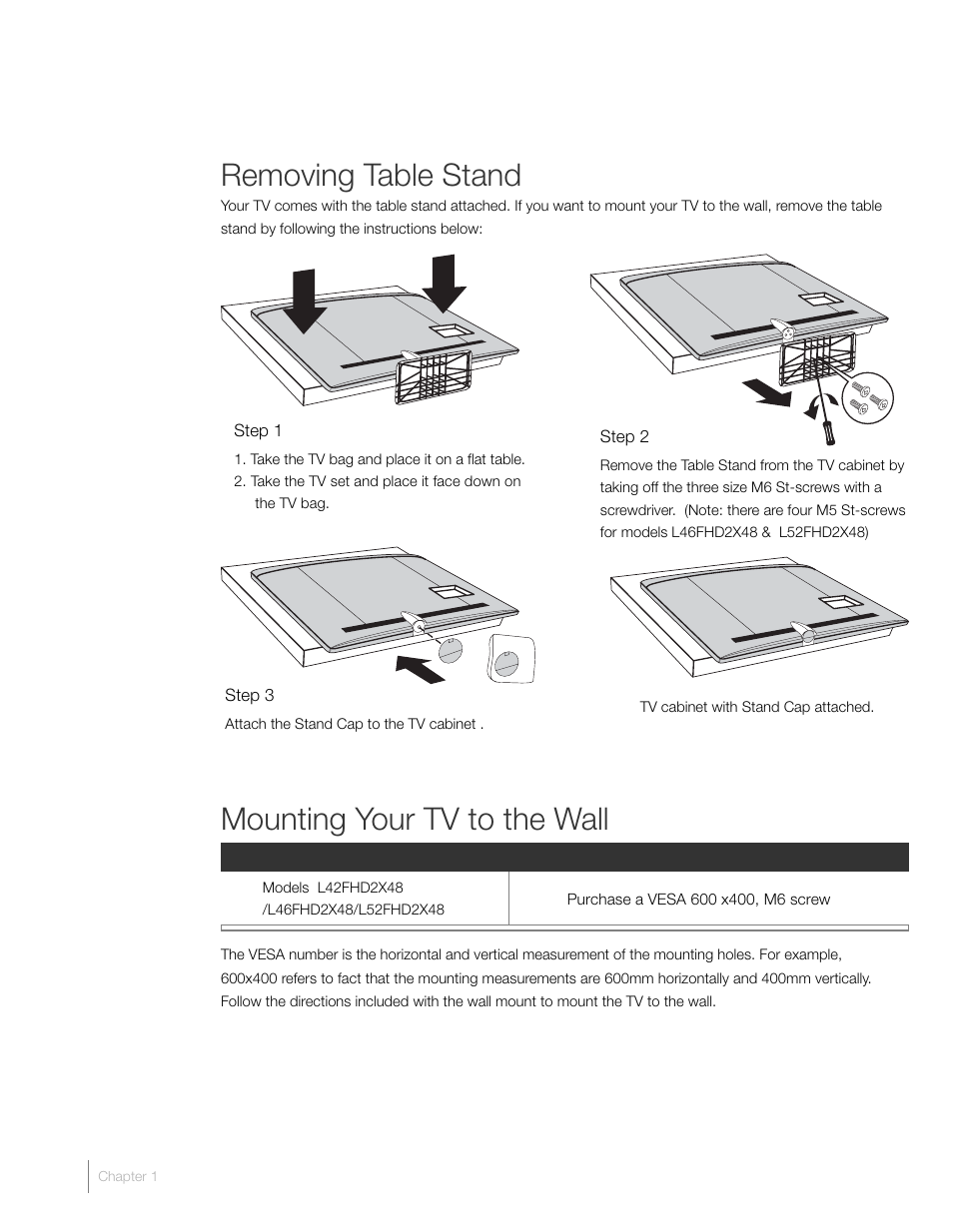 Removing table stand, Mounting your tv to the wall | RCA L46FHD2X48 User Manual | Page 8 / 52