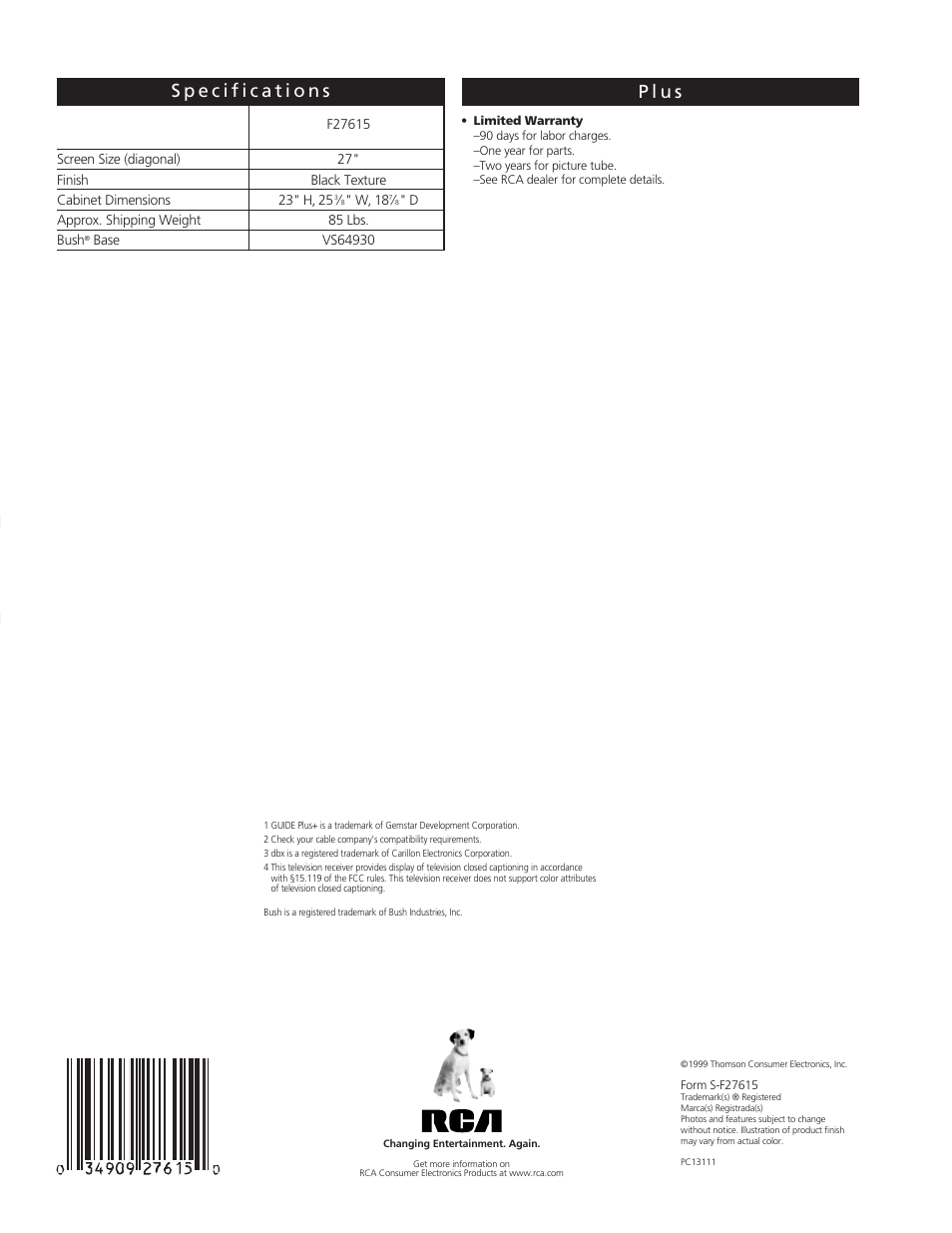 Te levi s io n | RCA F27615 User Manual | Page 4 / 4