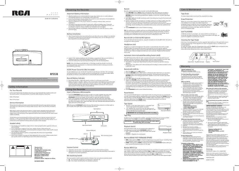 RCA RP3538 User Manual | 1 page