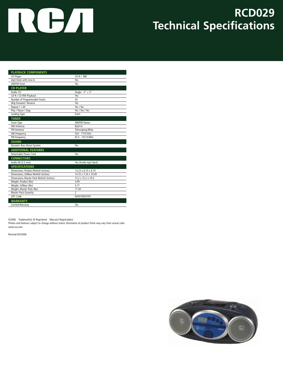 Rcd029 technical specifications | RCA RCD029 User Manual | Page 2 / 2