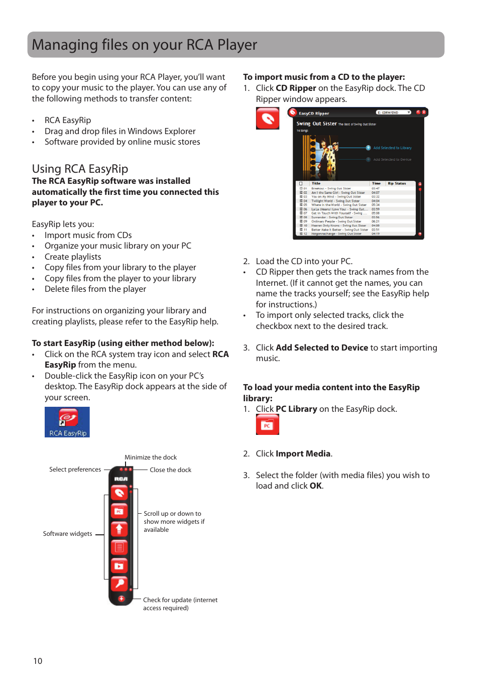 Managing files on your rca player, Using rca easyrip | RCA TC160 User Manual | Page 10 / 27