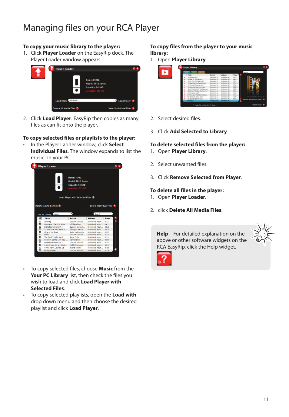Managing files on your rca player | RCA TC160 User Manual | Page 11 / 27
