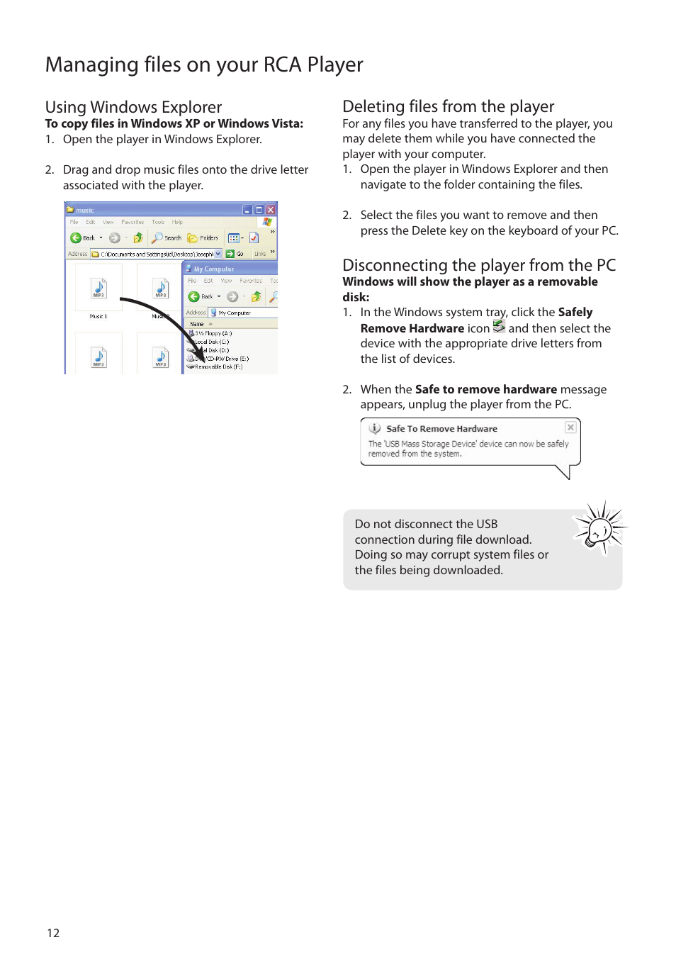 Using windows explorer, Deleting files from the player, Disconnecting the player from the pc | Managing files on your rca player | RCA TC160 User Manual | Page 12 / 27