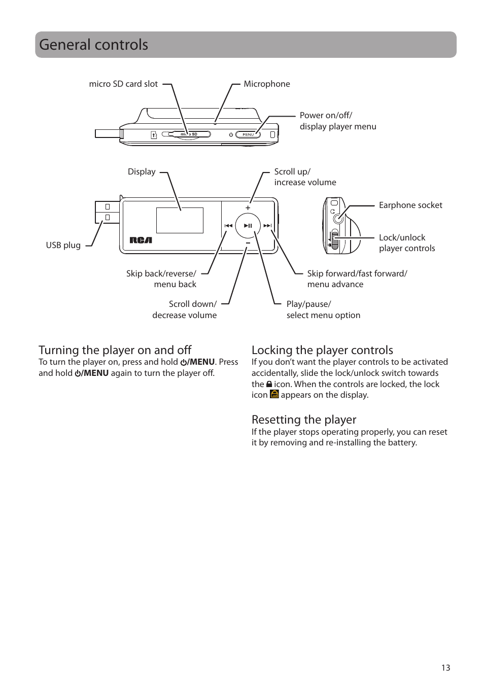 General controls, Turning the player on and off, Locking the player controls | Resetting the player | RCA TC160 User Manual | Page 13 / 27