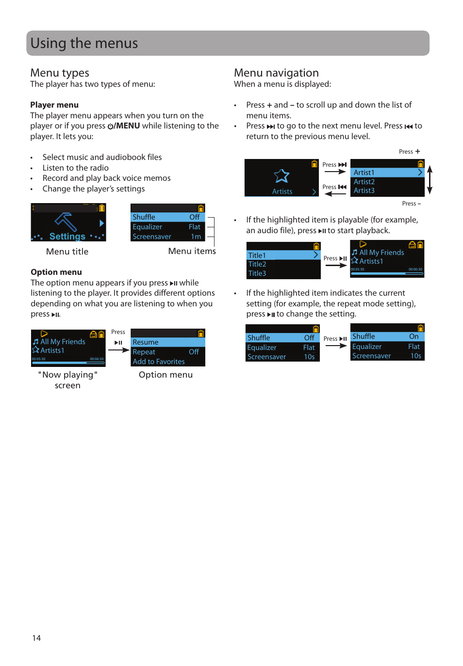 Using the menus, Menu types, Menu navigation | RCA TC160 User Manual | Page 14 / 27