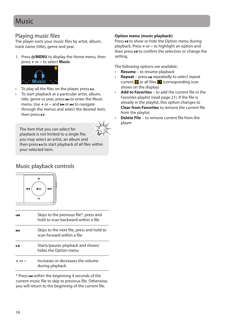 Music, Playing music files, Music playback controls | RCA TC160 User Manual | Page 16 / 27