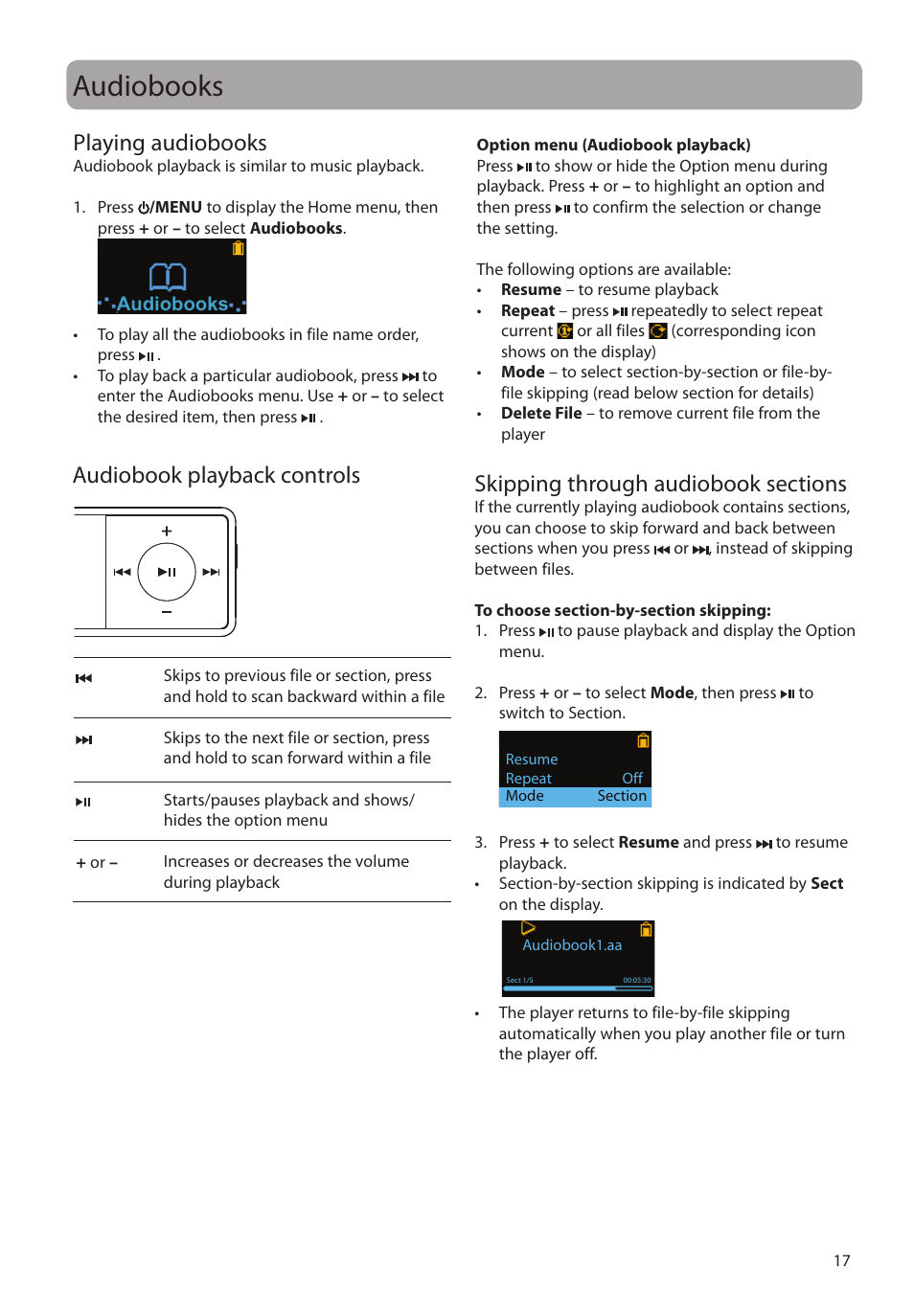 Audiobooks, Playing audiobooks, Audiobook playback controls | Skipping through audiobook sections | RCA TC160 User Manual | Page 17 / 27