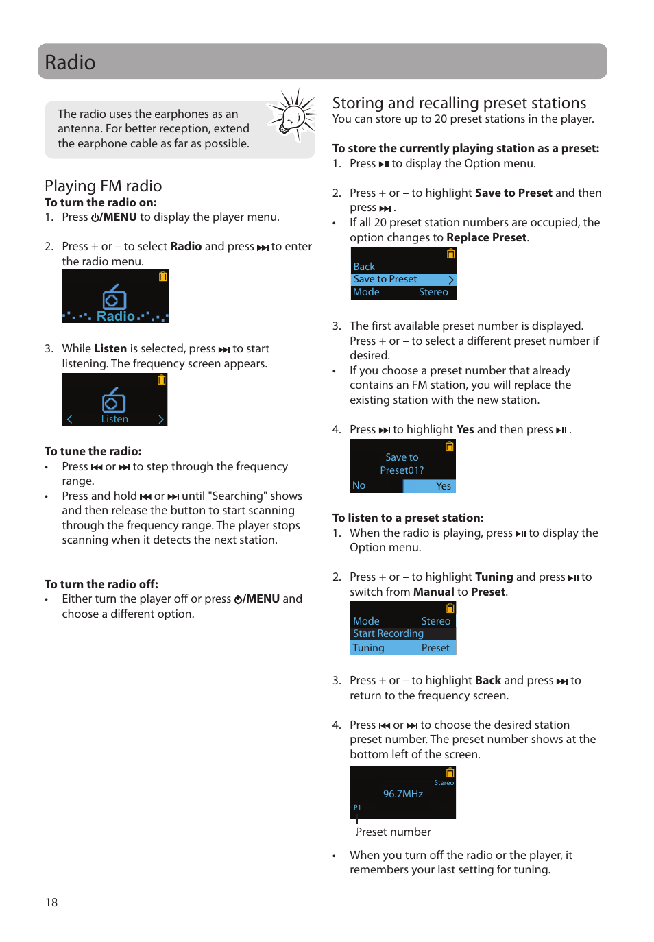 Radio, Playing fm radio, Storing and recalling preset stations | RCA TC160 User Manual | Page 18 / 27