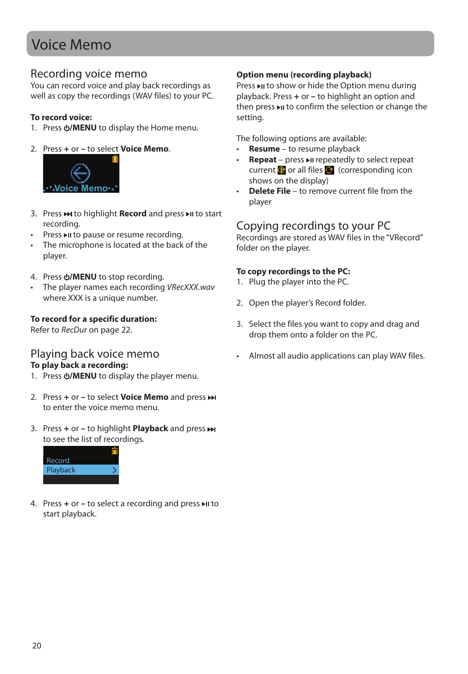 Voice memo, Recording voice memo, Playing back voice memo | Copying recordings to your pc | RCA TC160 User Manual | Page 20 / 27