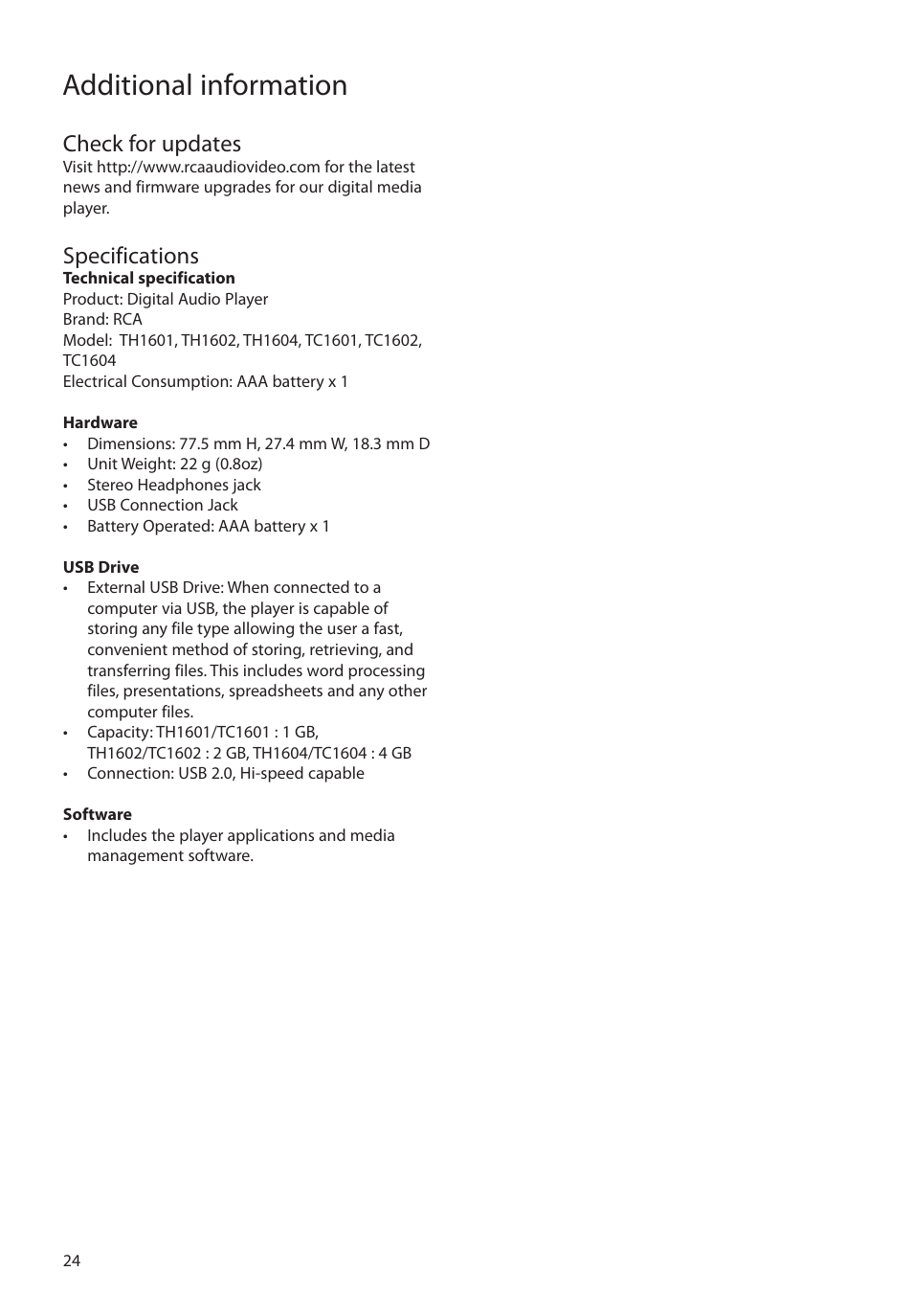 Check for updates, Specifications, Additional information | RCA TC160 User Manual | Page 24 / 27