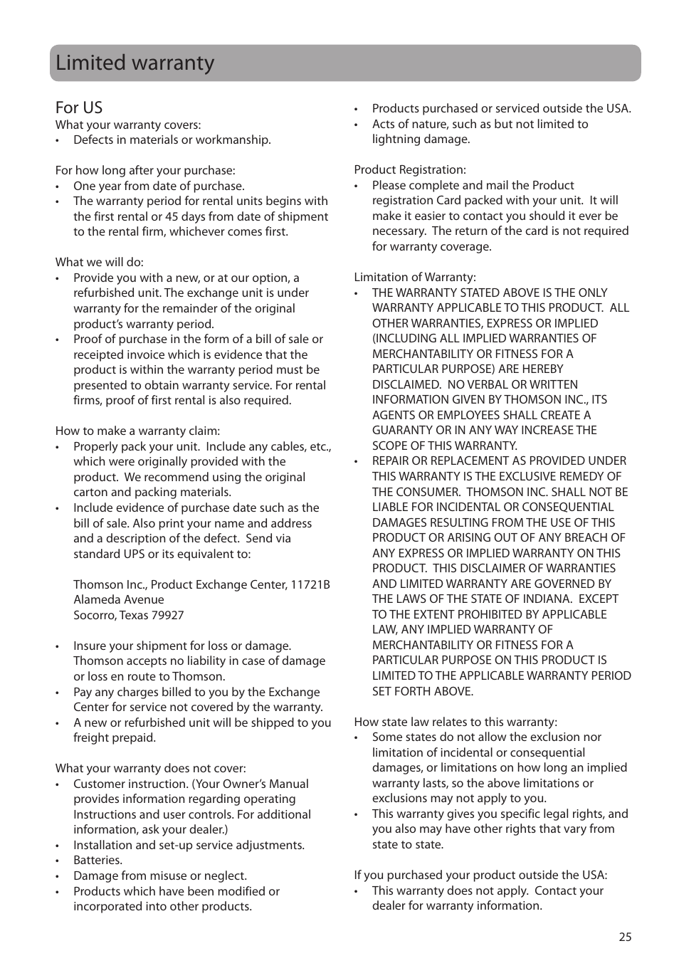 Limited warranty, For us | RCA TC160 User Manual | Page 25 / 27