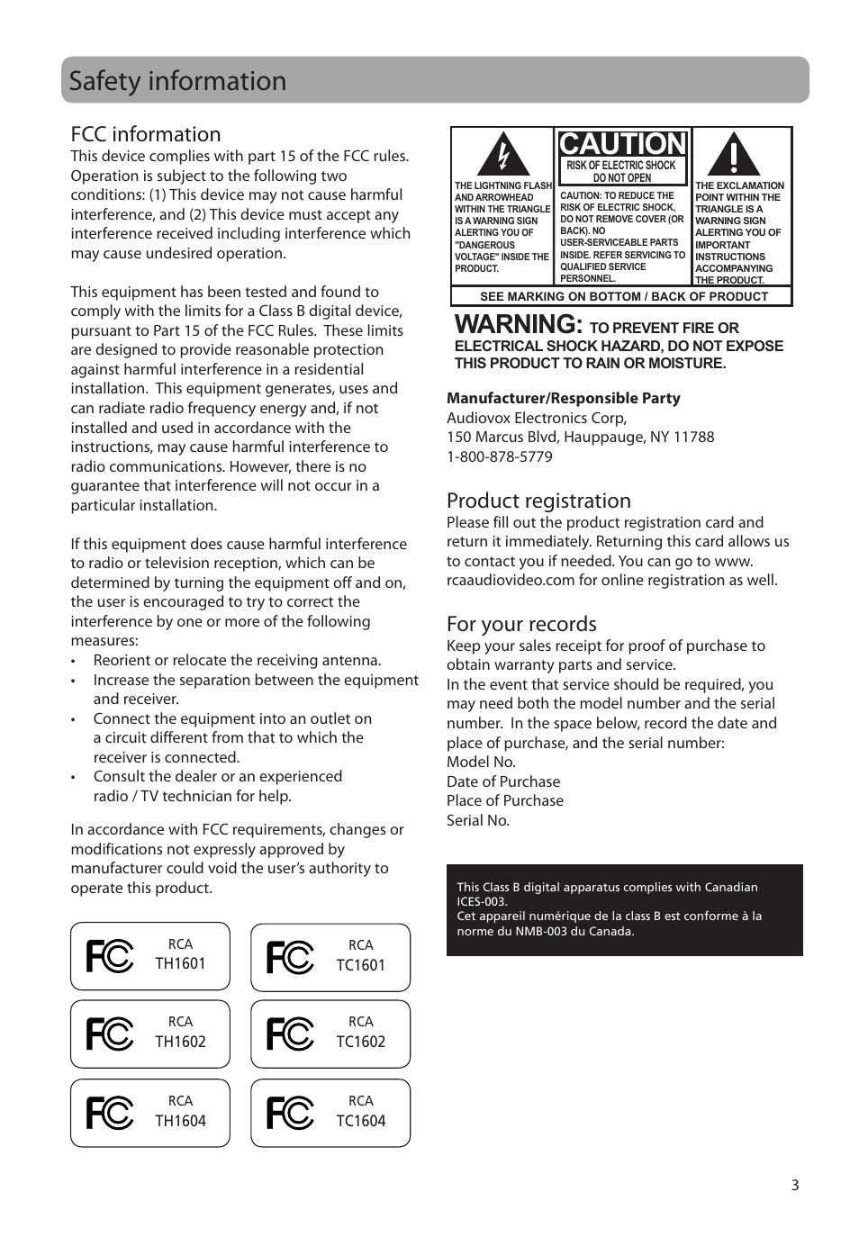 Safety information, Fcc information, Product registration | For your records, Caution, Warning | RCA TC160 User Manual | Page 3 / 27