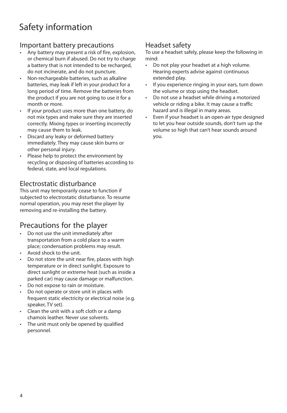 Important battery precautions, Electrostatic disturbance, Precautions for the player | Headset safety, Safety information | RCA TC160 User Manual | Page 4 / 27