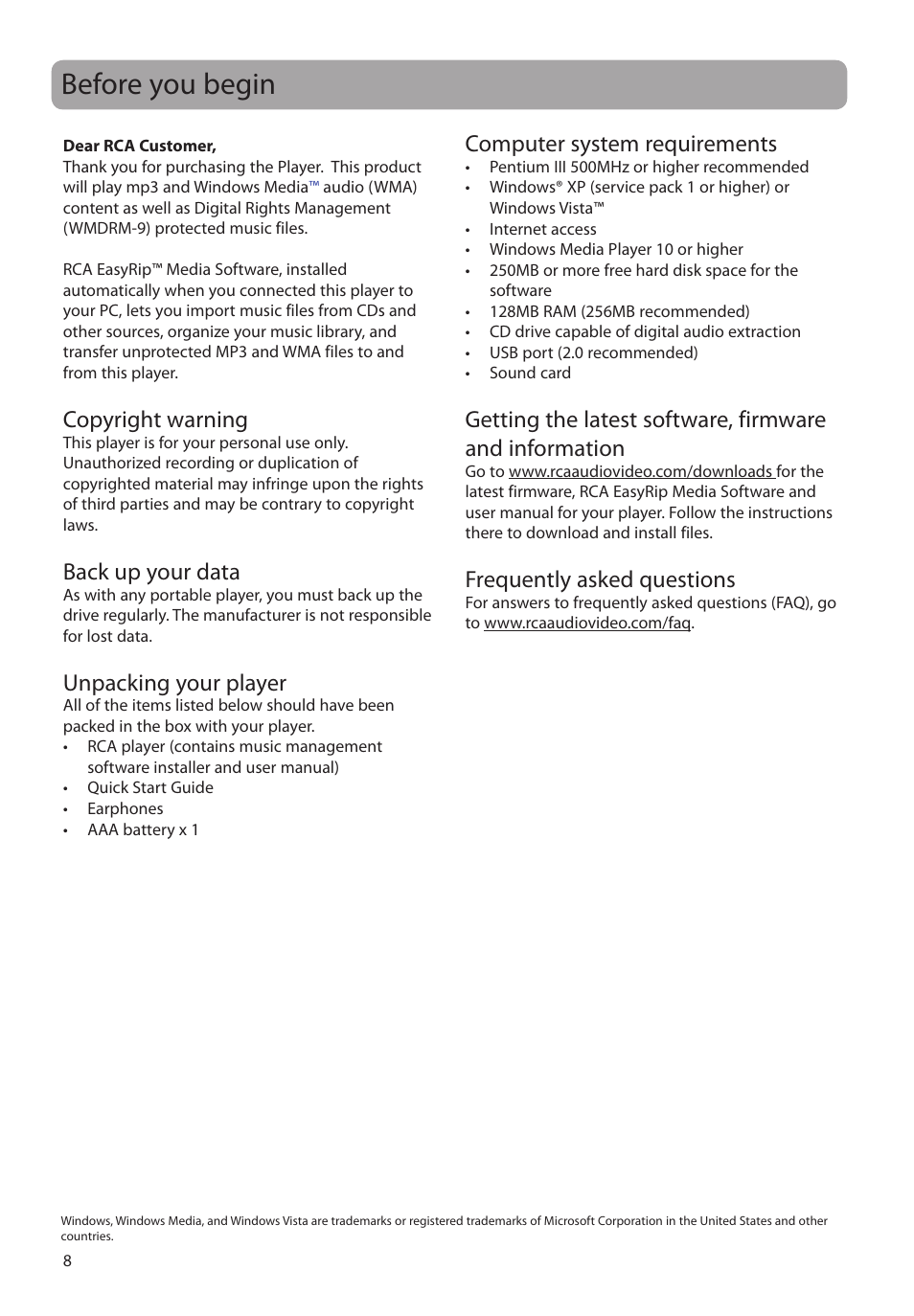 Before you begin, Copyright warning, Back up your data | Unpacking your player, Computer system requirements, Frequently asked questions | RCA TC160 User Manual | Page 8 / 27