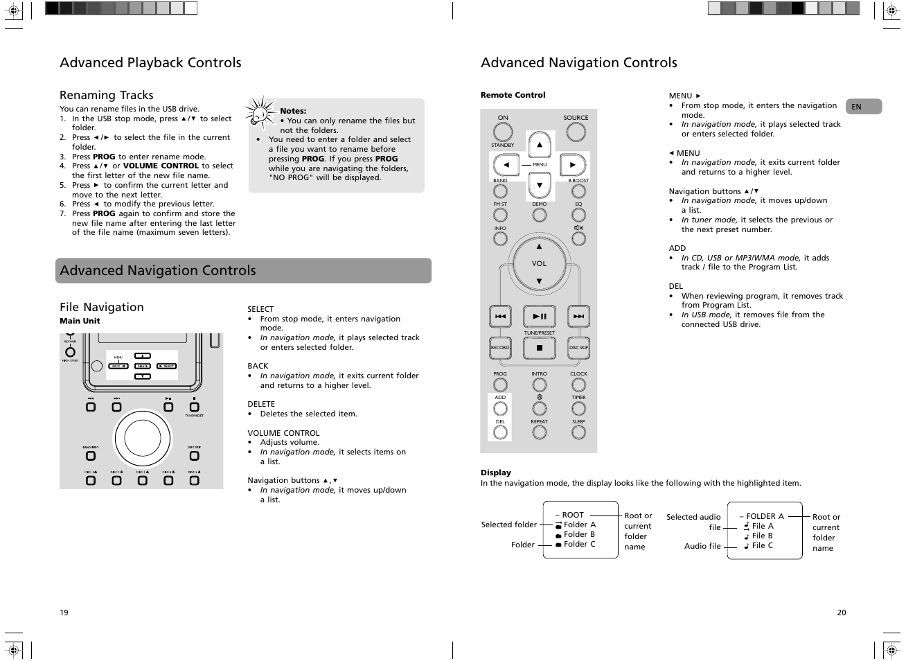 Advanced playback controls, Advanced navigation controls, Renaming tracks | File navigation | RCA RS2135i User Manual | Page 11 / 13